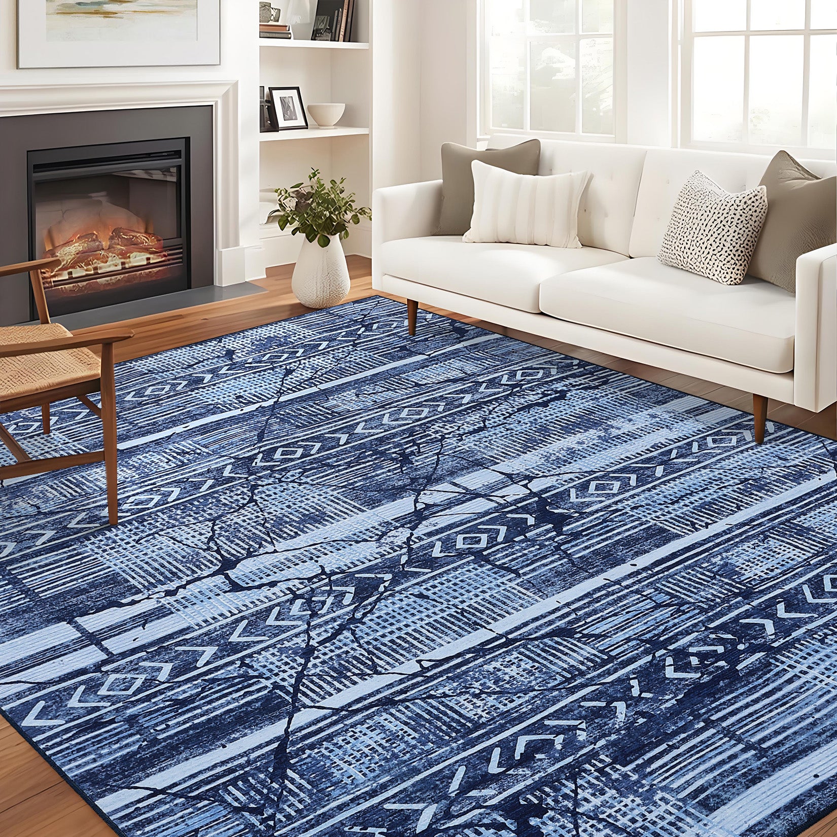 Garvee Boho Navy Blue 5x7 Washable Area Rugs for Living Room, Geometric Marble Boho Bedroom Rugs Ultra Thin Non-Slip Indoor Rugs Floor Carpet for Dining Room