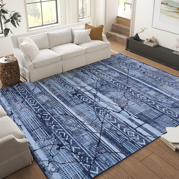 Garvee Boho Navy Blue 5x7 Washable Area Rugs for Living Room, Geometric Marble Boho Bedroom Rugs Ultra Thin Non-Slip Indoor Rugs Floor Carpet for Dining Room
