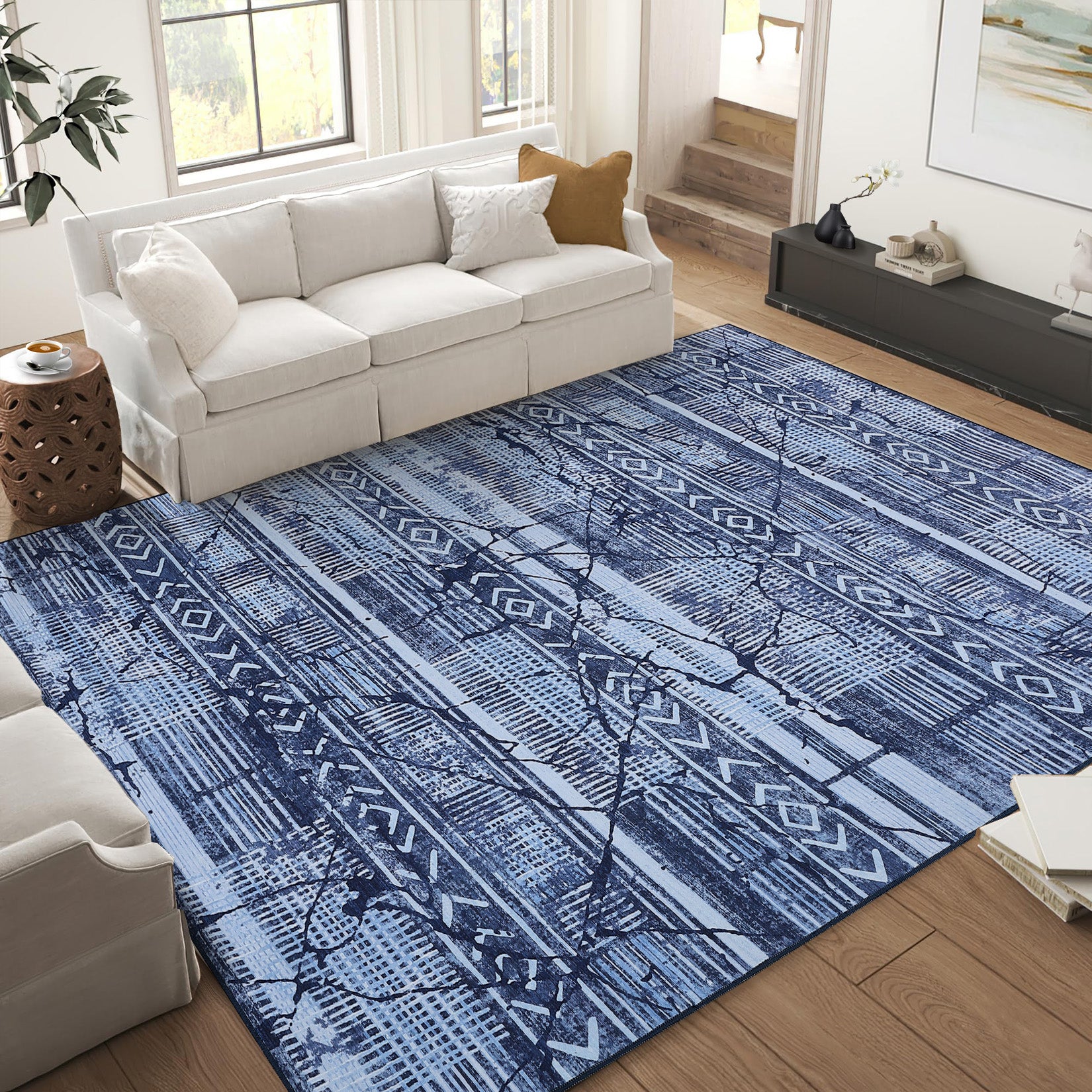 Garvee Boho Navy Blue 5x7 Washable Area Rugs for Living Room, Geometric Marble Boho Bedroom Rugs Ultra Thin Non-Slip Indoor Rugs Floor Carpet for Dining Room