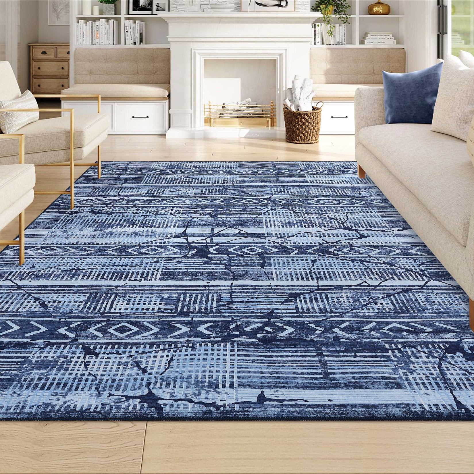 Garvee Boho Navy Blue 5x7 Washable Area Rugs for Living Room, Geometric Marble Boho Bedroom Rugs Ultra Thin Non-Slip Indoor Rugs Floor Carpet for Dining Room