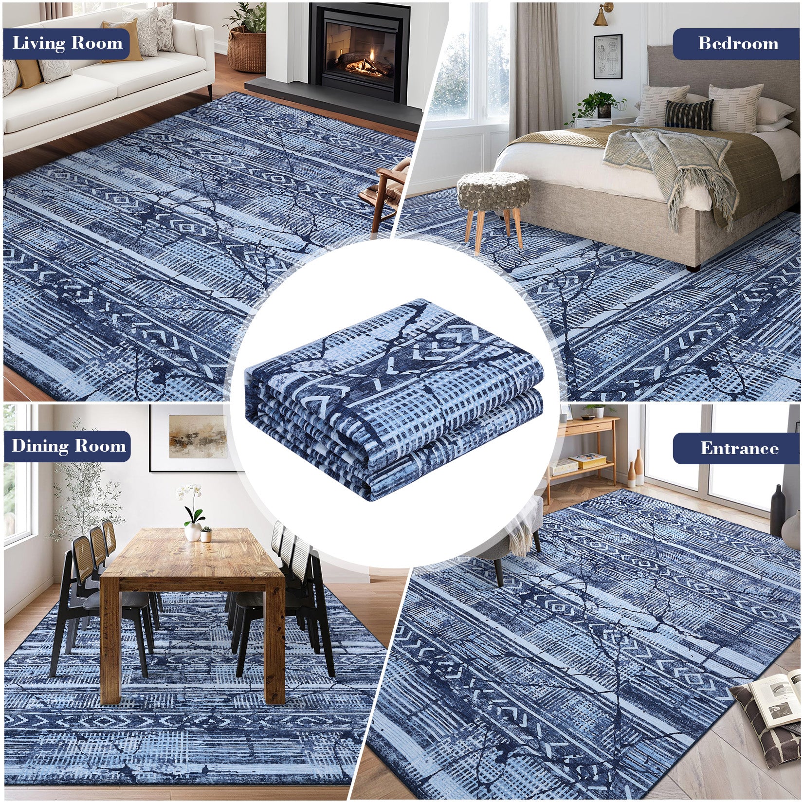 Garvee Boho Navy Blue 5x7 Washable Area Rugs for Living Room, Geometric Marble Boho Bedroom Rugs Ultra Thin Non-Slip Indoor Rugs Floor Carpet for Dining Room