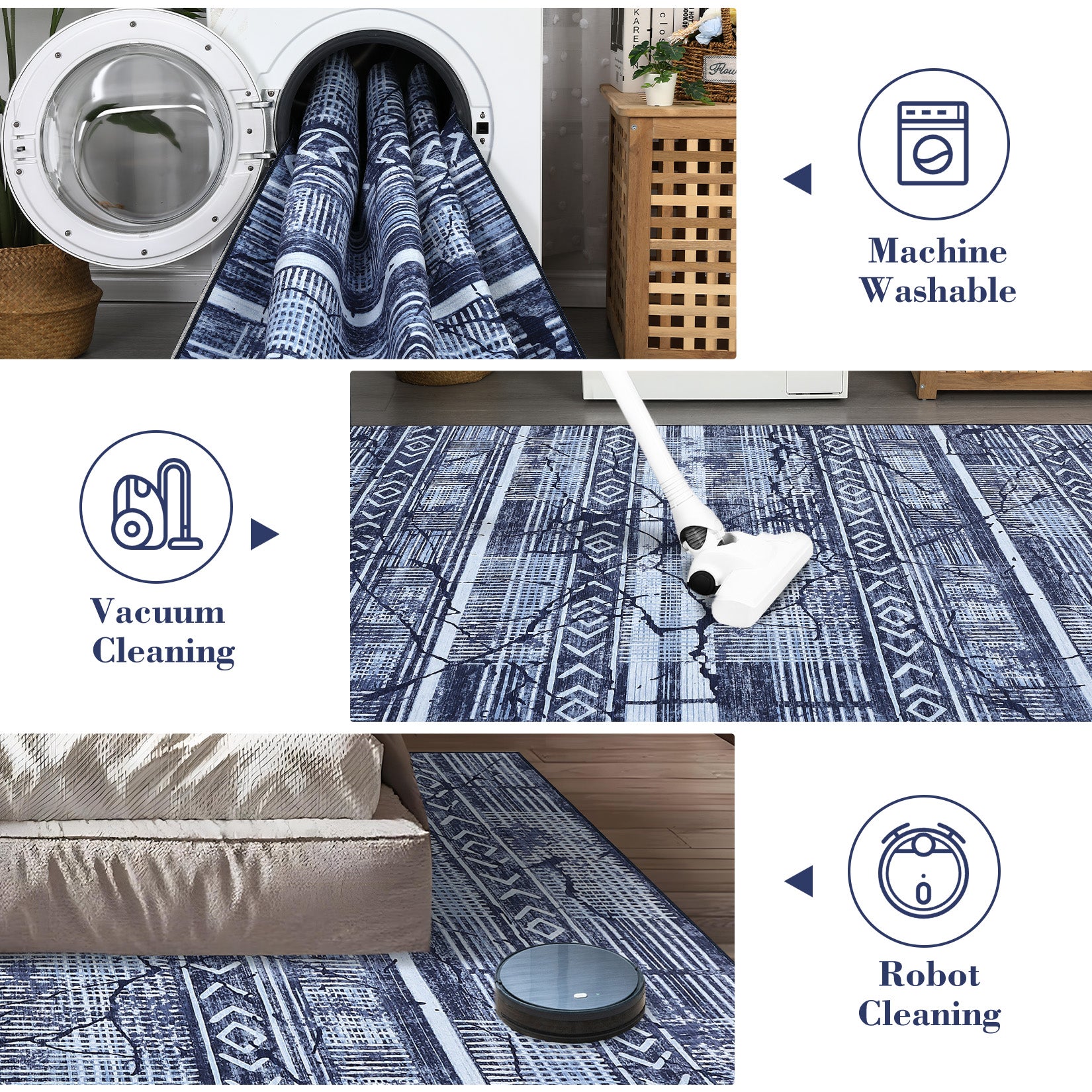 Garvee Boho Navy Blue 5x7 Washable Area Rugs for Living Room, Geometric Marble Boho Bedroom Rugs Ultra Thin Non-Slip Indoor Rugs Floor Carpet for Dining Room
