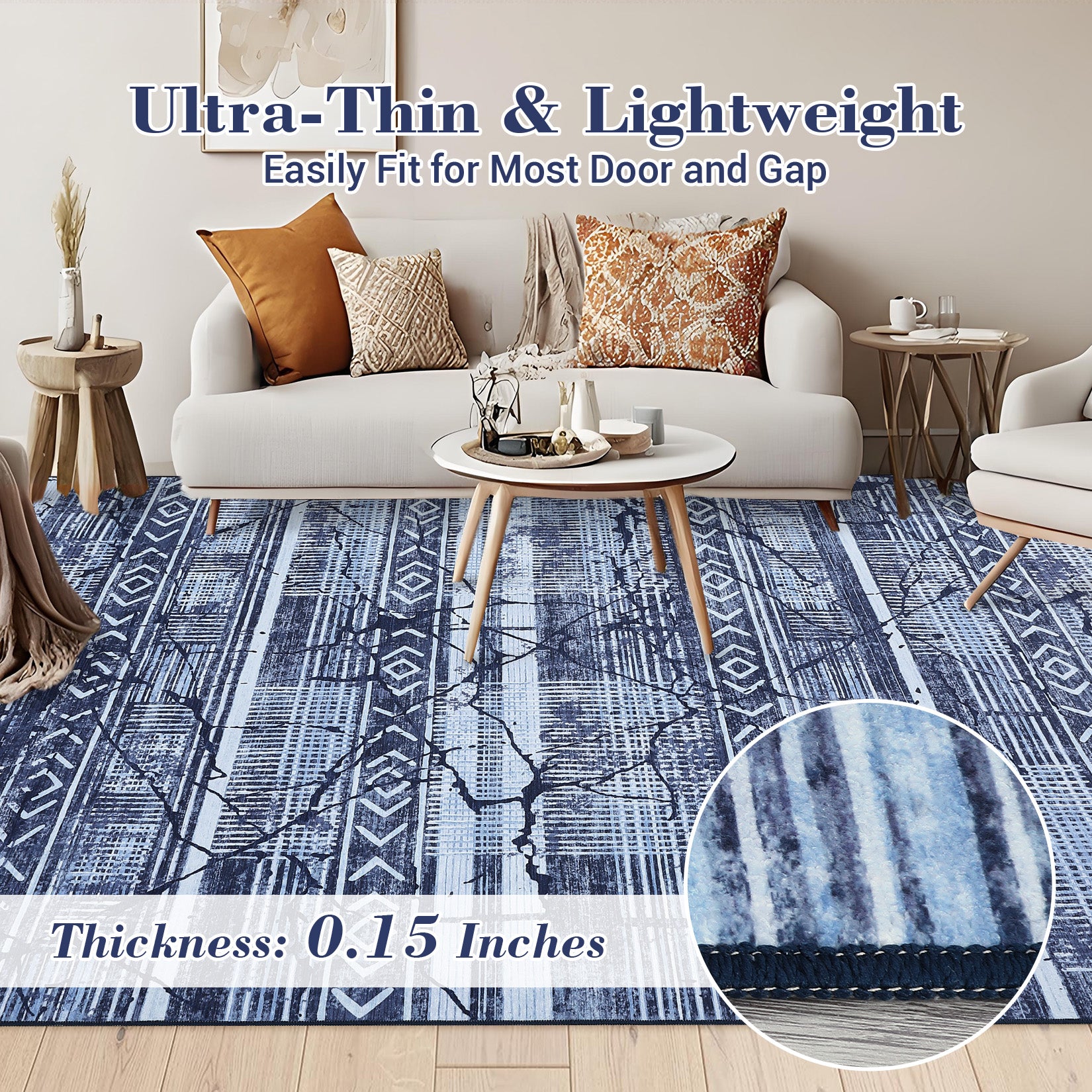 Garvee Boho Navy Blue 5x7 Washable Area Rugs for Living Room, Geometric Marble Boho Bedroom Rugs Ultra Thin Non-Slip Indoor Rugs Floor Carpet for Dining Room
