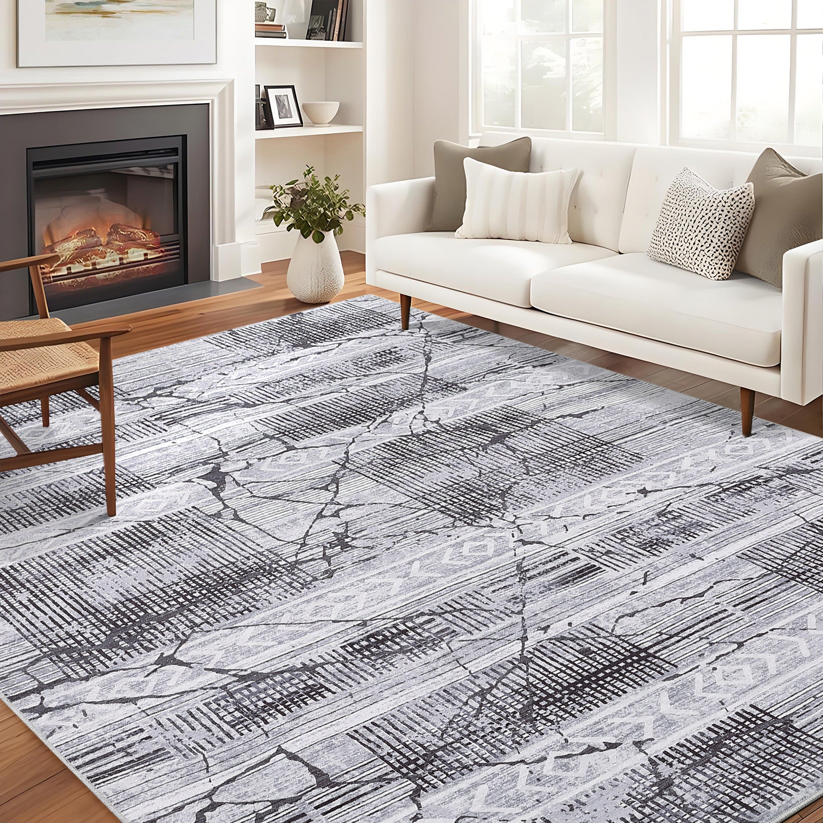 Garvee Boho Light Grey 6x9 Washable Rugs for Living Room, Geometric Marble Boho Area Rugs for Bedroom Ultra Thin Non-Slip Large Indoor Rugs Floor Carpet for Dining Room