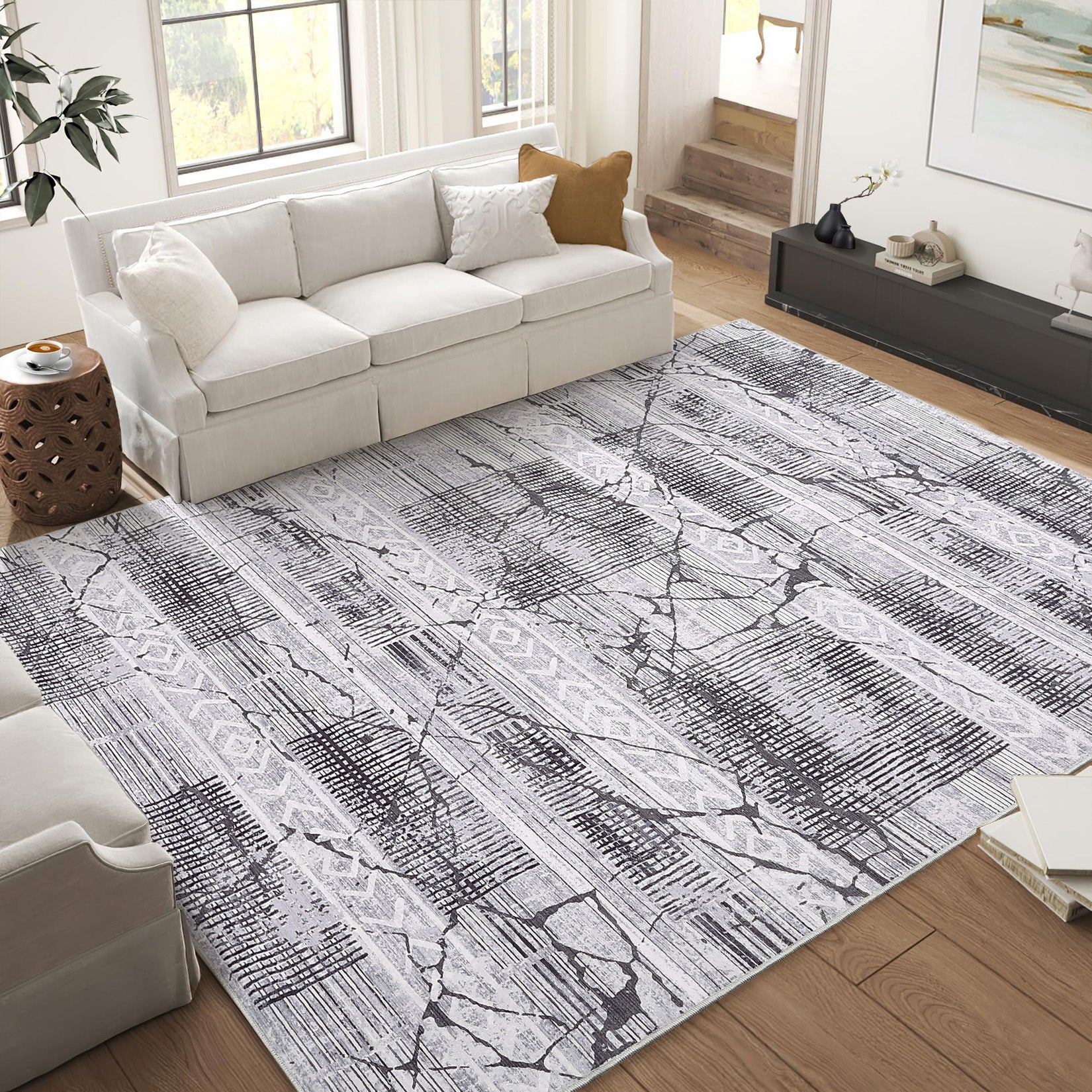 Garvee Boho Light Grey 6x9 Washable Rugs for Living Room, Geometric Marble Boho Area Rugs for Bedroom Ultra Thin Non-Slip Large Indoor Rugs Floor Carpet for Dining Room