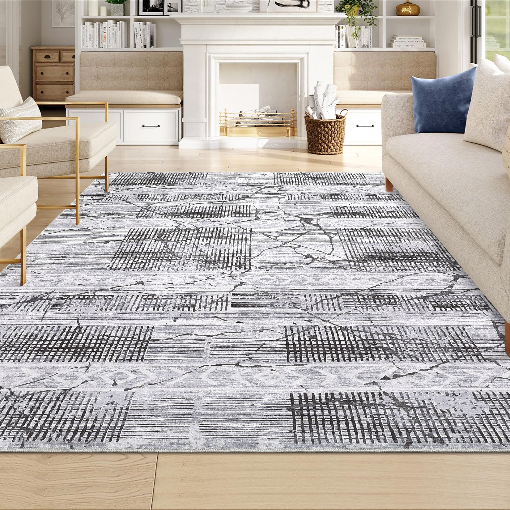 Garvee Boho Light Grey 6x9 Washable Rugs for Living Room, Geometric Marble Boho Area Rugs for Bedroom Ultra Thin Non-Slip Large Indoor Rugs Floor Carpet for Dining Room