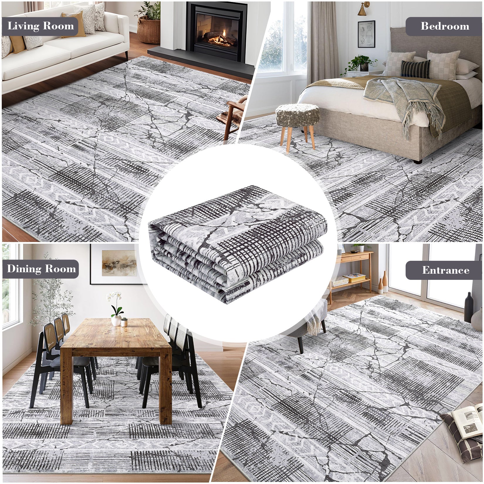 Garvee Boho Light Grey 6x9 Washable Rugs for Living Room, Geometric Marble Boho Area Rugs for Bedroom Ultra Thin Non-Slip Large Indoor Rugs Floor Carpet for Dining Room