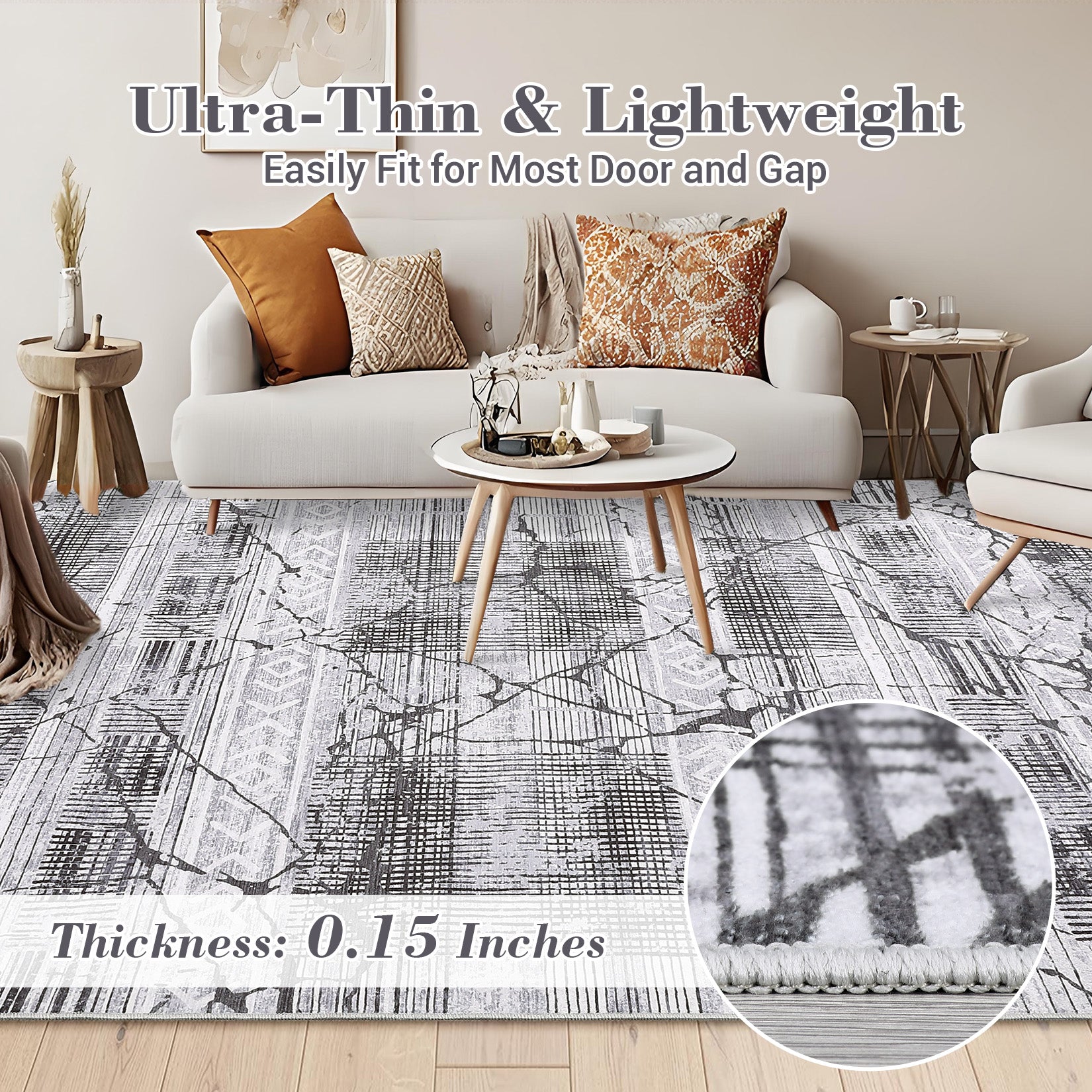 Garvee Boho Light Grey 6x9 Washable Rugs for Living Room, Geometric Marble Boho Area Rugs for Bedroom Ultra Thin Non-Slip Large Indoor Rugs Floor Carpet for Dining Room
