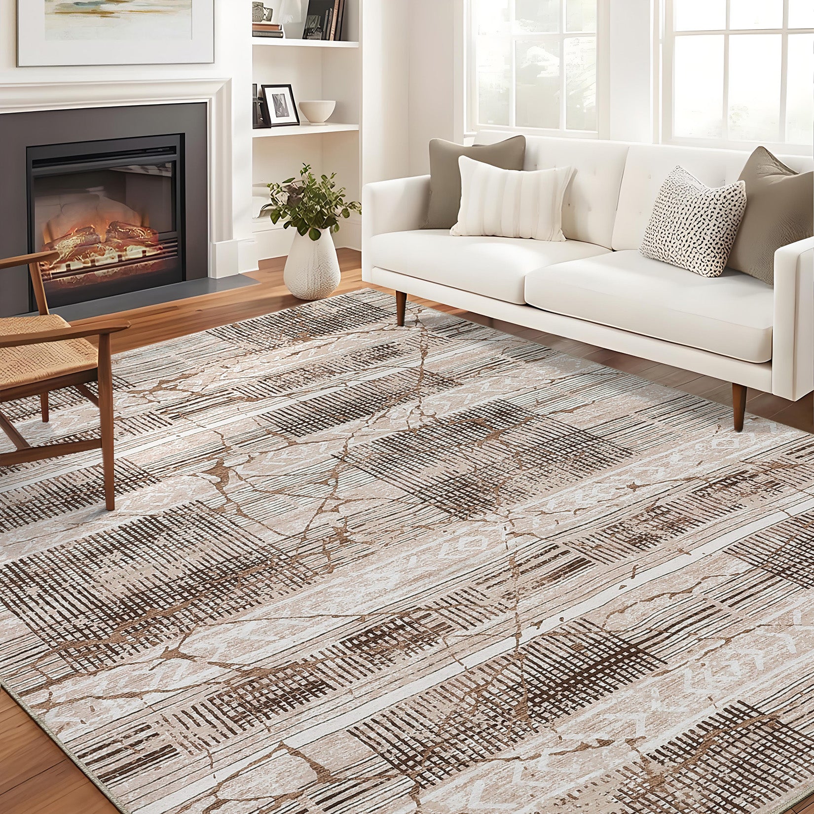 Garvee Boho Light Brown 6x9 Washable Rugs for Living Room, Geometric Marble Boho Area Rugs for Bedroom Ultra Thin Non-Slip Large Indoor Rugs Floor Carpet for Dining Room