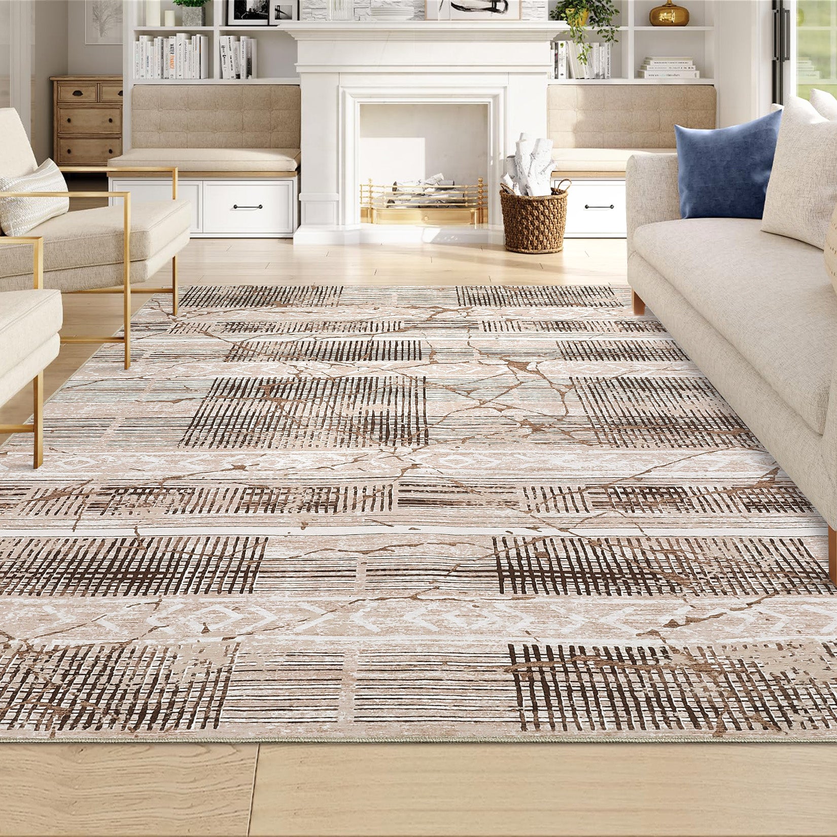 Garvee Boho Light Brown 8x10 Large Living Room Rugs Washable, Geometric Marble Boho Area Rugs for Bedroom Ultra Thin Non-Slip Indoor Rugs Floor Carpet for Dining Room