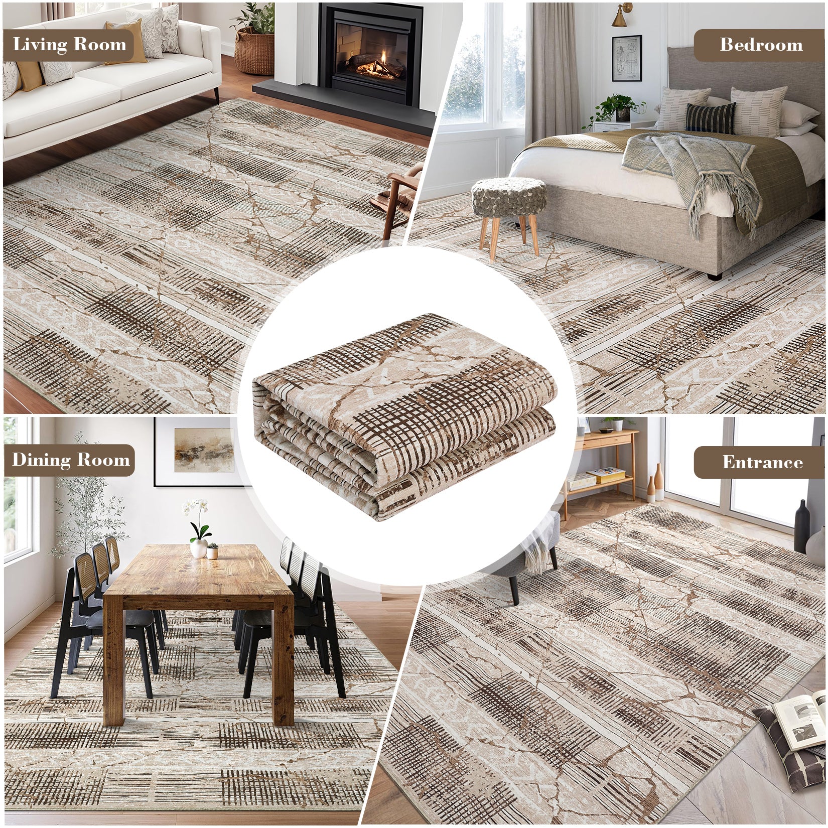 Garvee Boho Light Brown 8x10 Large Living Room Rugs Washable, Geometric Marble Boho Area Rugs for Bedroom Ultra Thin Non-Slip Indoor Rugs Floor Carpet for Dining Room