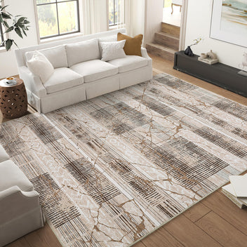 Garvee Boho Light Brown 8x10 Large Living Room Rugs Washable, Geometric Marble Boho Area Rugs for Bedroom Ultra Thin Non-Slip Indoor Rugs Floor Carpet for Dining Room