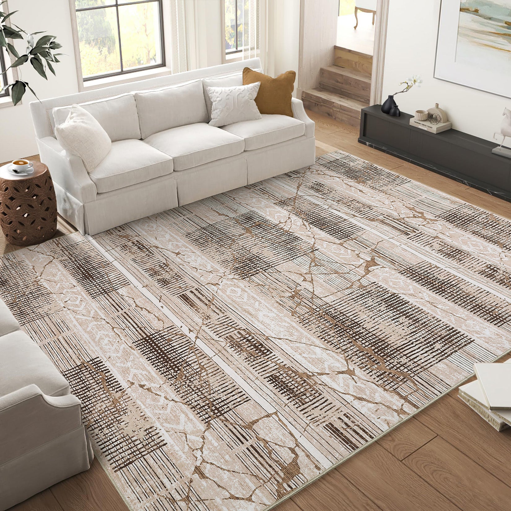 Garvee Boho Light Brown 6x9 Washable Rugs for Living Room, Geometric Marble Boho Area Rugs for Bedroom Ultra Thin Non-Slip Large Indoor Rugs Floor Carpet for Dining Room