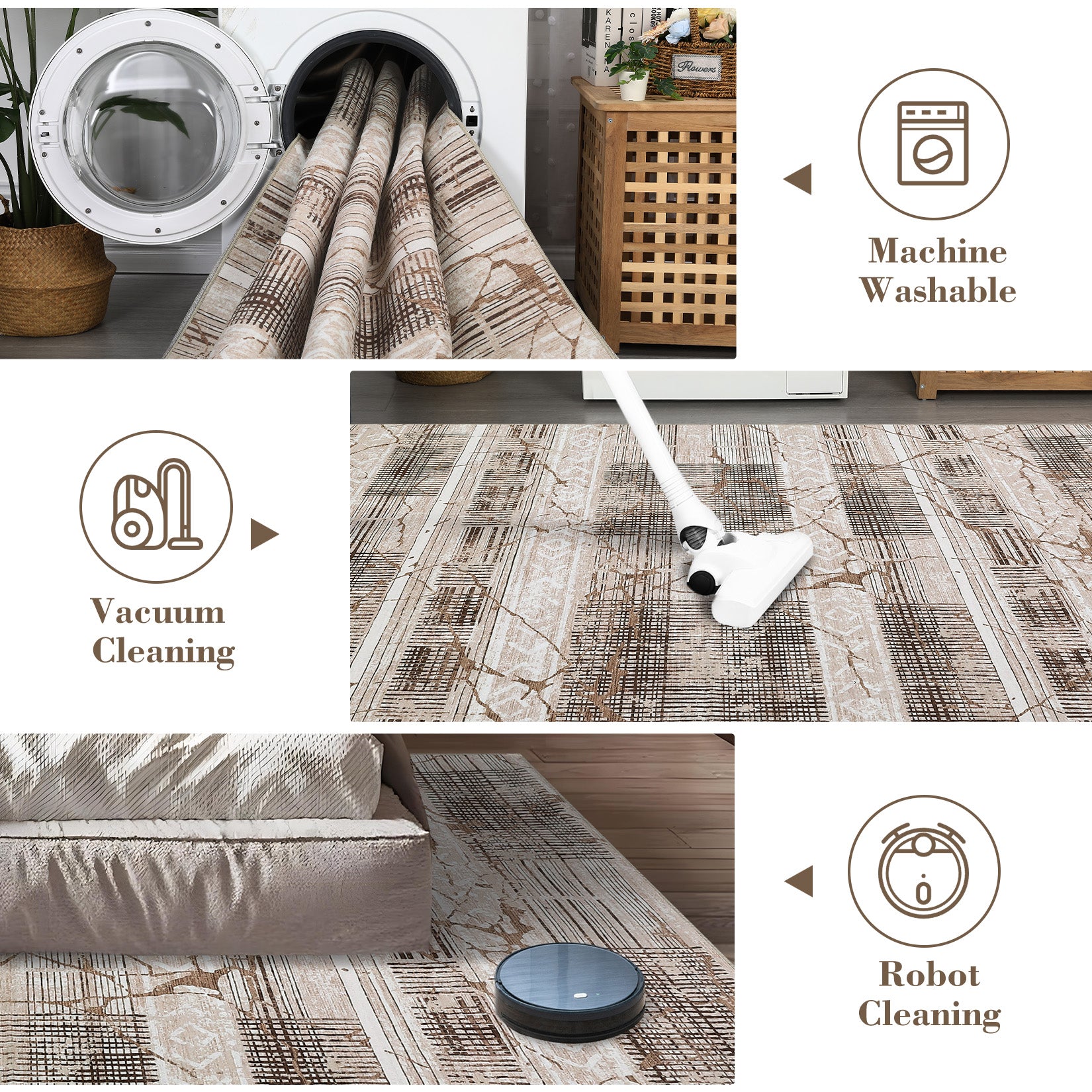 Garvee Boho Light Brown 8x10 Large Living Room Rugs Washable, Geometric Marble Boho Area Rugs for Bedroom Ultra Thin Non-Slip Indoor Rugs Floor Carpet for Dining Room