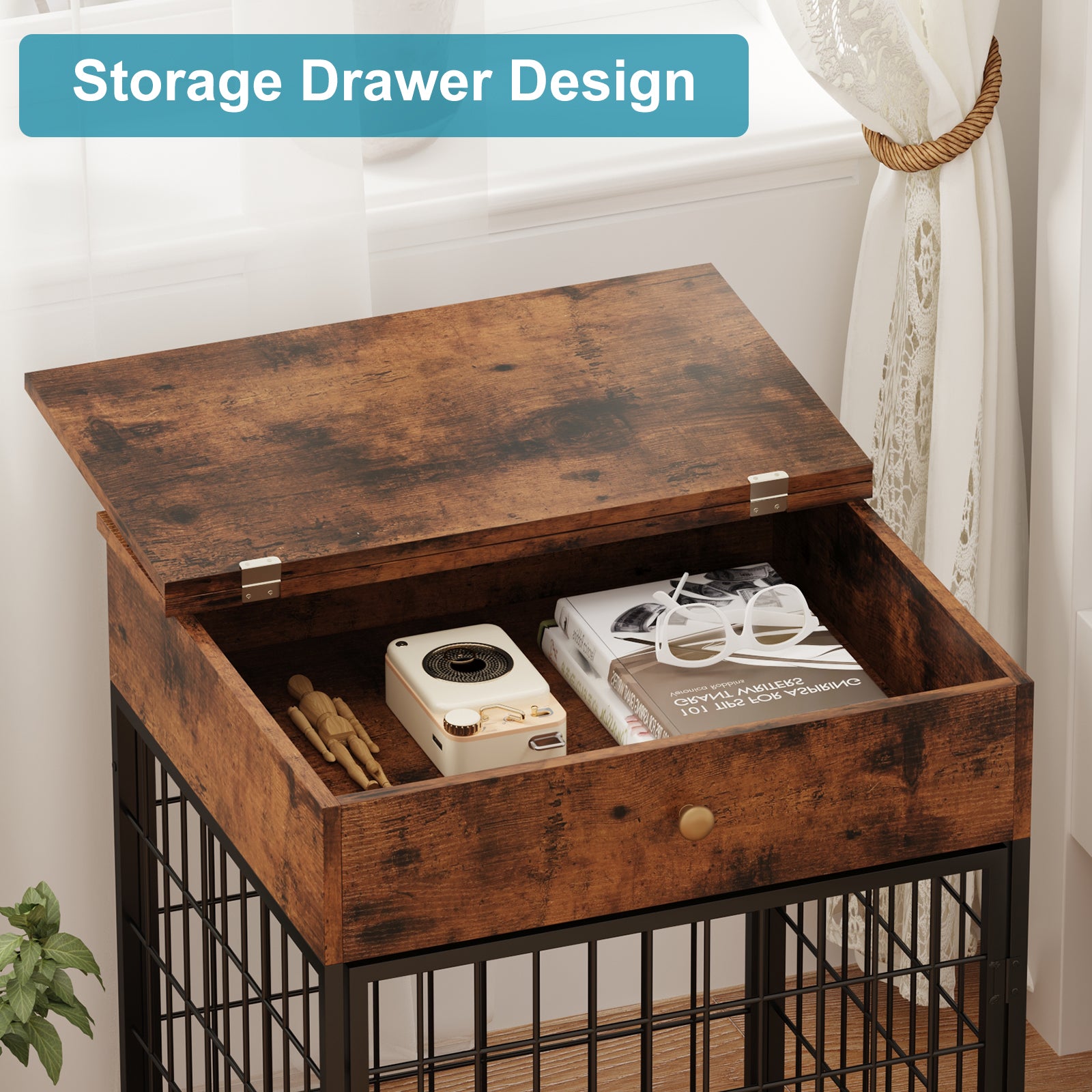 Garvee Dog Crate Furniture, Wooden Dog Crate End Table,Dog Kennel with Drawer Indoor, Furniture Dog Crate Side Table for Small Dogs, Brown