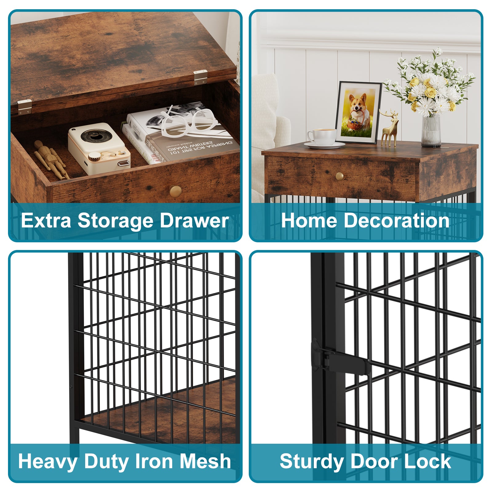 Garvee Dog Crate Furniture, Wooden Dog Crate End Table,Dog Kennel with Drawer Indoor, Furniture Dog Crate Side Table for Small Dogs, Brown