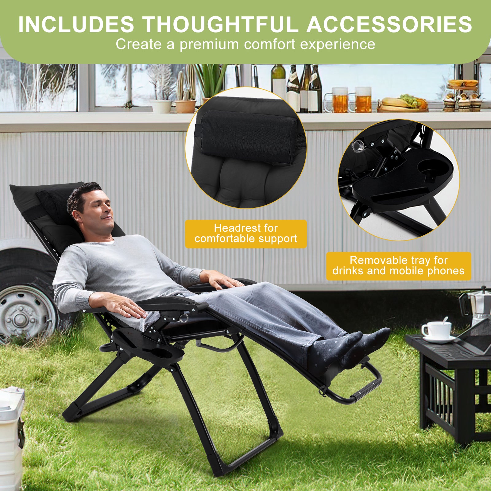 Garvee Zero Gravity Lounge Chair, 33'' Recliner Chair with Removable Cushion, Headrest, Footrest, and Cup Holder, Adjustable Folding Chairs for Outside and Inside, Black
