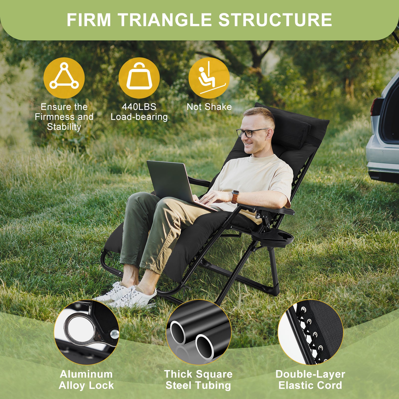 Garvee Zero Gravity Lounge Chair, 26'' Recliner Chair with Removable Cushion, Headrest, Footrest, and Cupholder, Adjustable Folding Chairs for Outside and Inside, Black