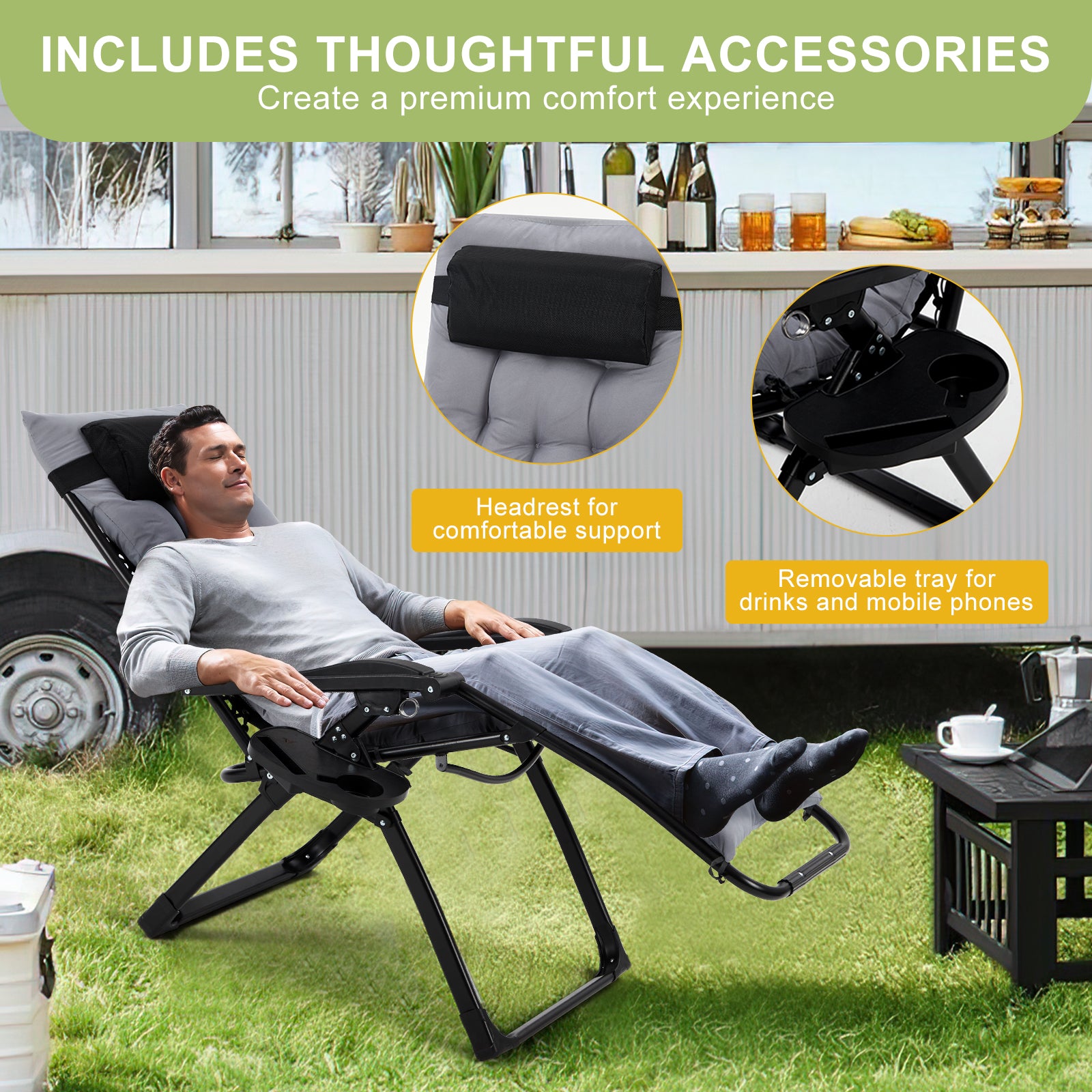 Garvee Zero Gravity Lounge Chair, 26‘’ Recliner Chair with Removable Cushion, Headrest, Footrest, and Cupholder, Adjustable Folding Chairs for Outside and Inside, Grey