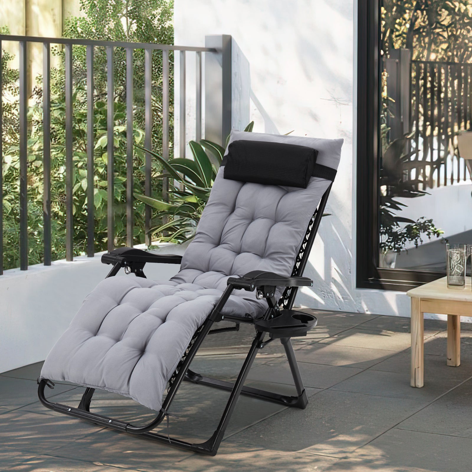 Garvee Zero Gravity Lounge Chair, 26‘’ Recliner Chair with Removable Cushion, Headrest, Footrest, and Cupholder, Adjustable Folding Chairs for Outside and Inside, Grey