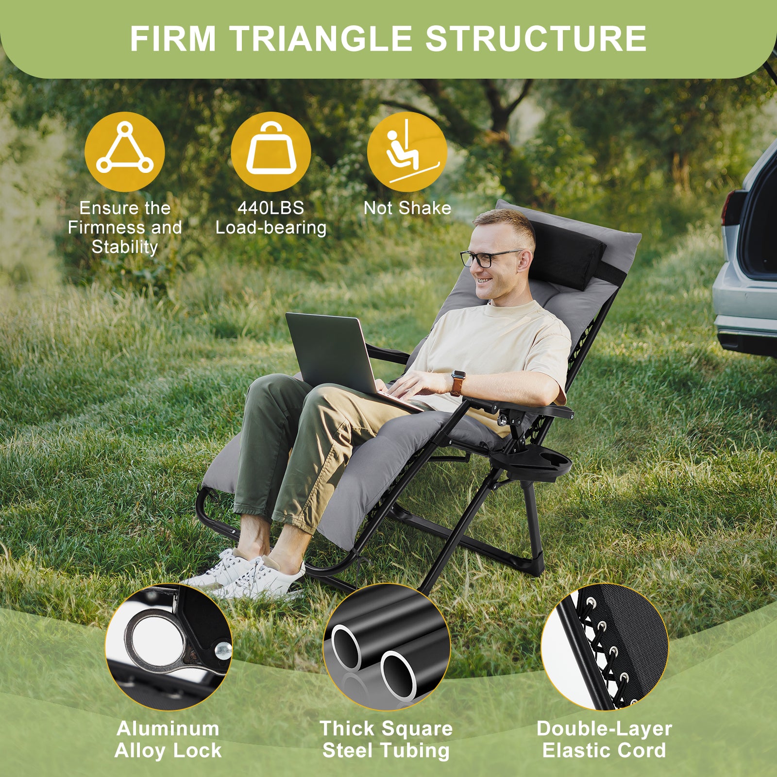 Garvee Zero Gravity Lounge Chair, 26‘’ Recliner Chair with Removable Cushion, Headrest, Footrest, and Cupholder, Adjustable Folding Chairs for Outside and Inside, Grey
