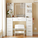 Garvee 43.3'' Vanity Desk Stool Set, Modern Makeup Table with Lighted Mirror, Power Outlet, 7 Drawers, 4 Open Shelves, White - White