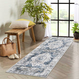 Garvee Persian Blue 2x6 Washable Runner Rug Vintage Distressed Flower Runner Non Slip Low Pile Floor Carpet, Soft Non Shedding Thin Runner, Foldable Thin Hallway Runner for Kitchen, Entryway - Blue