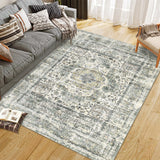 Garvee Persian Green 5x7 Vintage Area Rug Washable Low Pile Non Skid Rug Soft Non Shedding Floor Carpet, Faded Flower Rug, Thin Foldable Stain-Resistant Rug for Living Room, Dining Room - Green