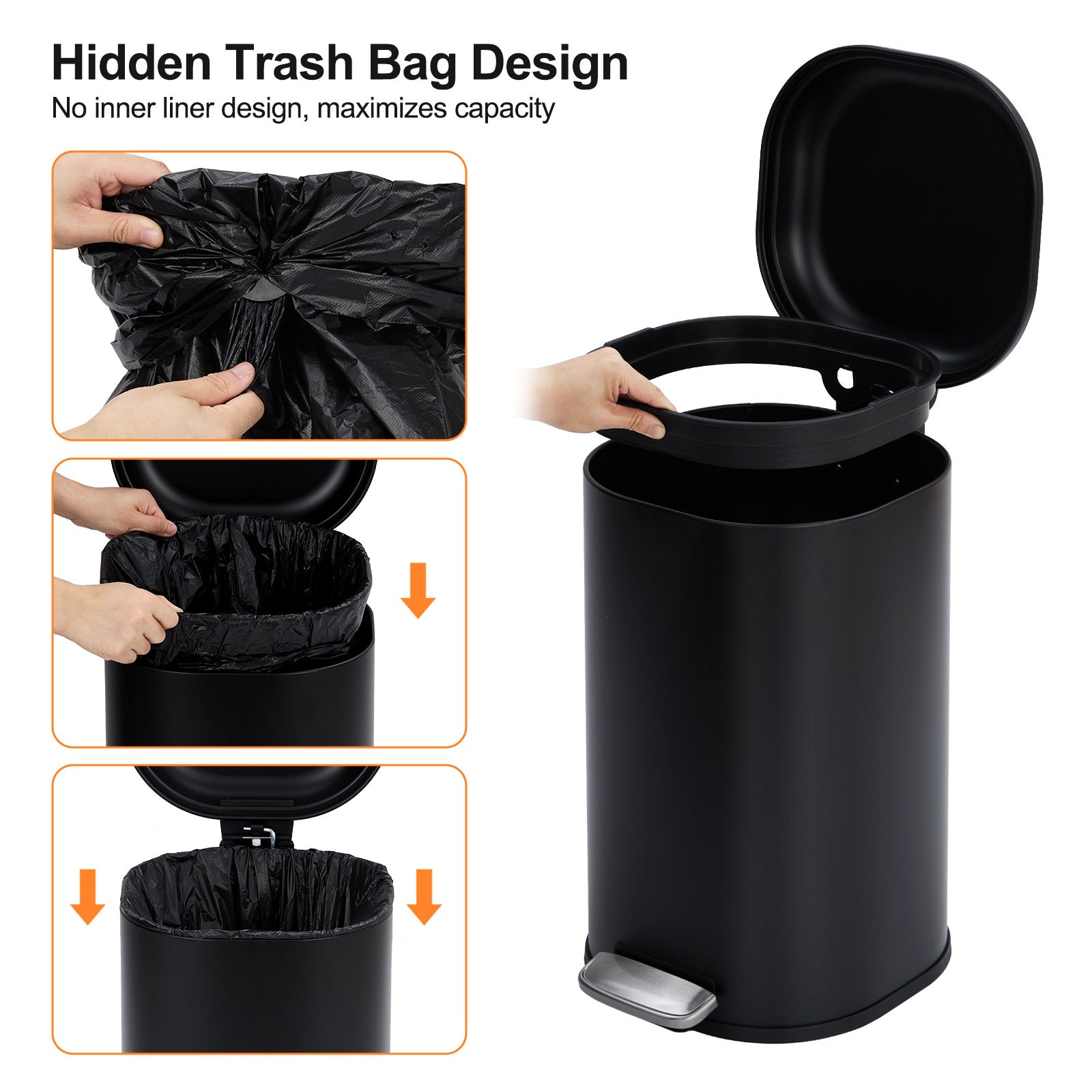 Garvee 8-Gallon Step-Open Trash Can with Soft-Close Lid, Modern, Minimalistic for Home, Kitchen, Laundry Room, Office, Bedroom, Bathroom, Without Inner Bucket, Black