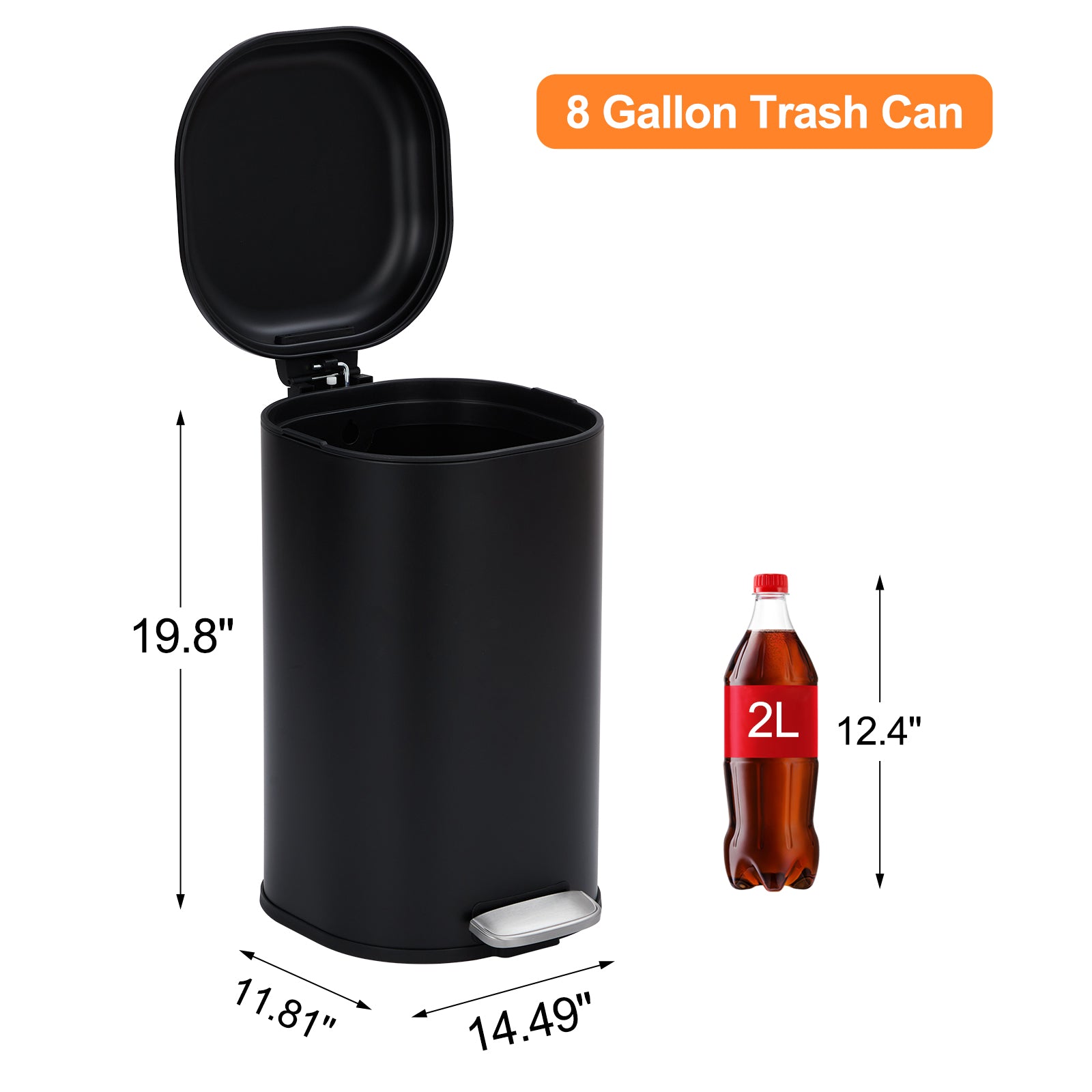 Garvee 8-Gallon Step-Open Trash Can with Soft-Close Lid, Modern, Minimalistic for Home, Kitchen, Laundry Room, Office, Bedroom, Bathroom, Without Inner Bucket, Black