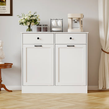Garvee Double Tilt Out Trash Cabinet with Deodorizing Function, 20 Gallon Wooden Laundry Trash Can Cabinet with 2 Drawers, Farmhouse Hidden Pet Proof Garbage Can for Kitchen, White