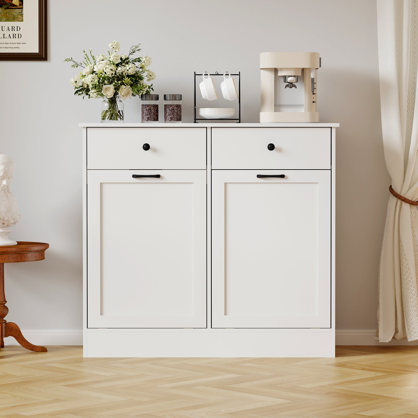 Garvee Double Tilt Out Trash Cabinet with Deodorizing Function, 20 Gallon Wooden Laundry Trash Can Cabinet with 2 Drawers, Farmhouse Hidden Pet Proof Garbage Can for Kitchen, White