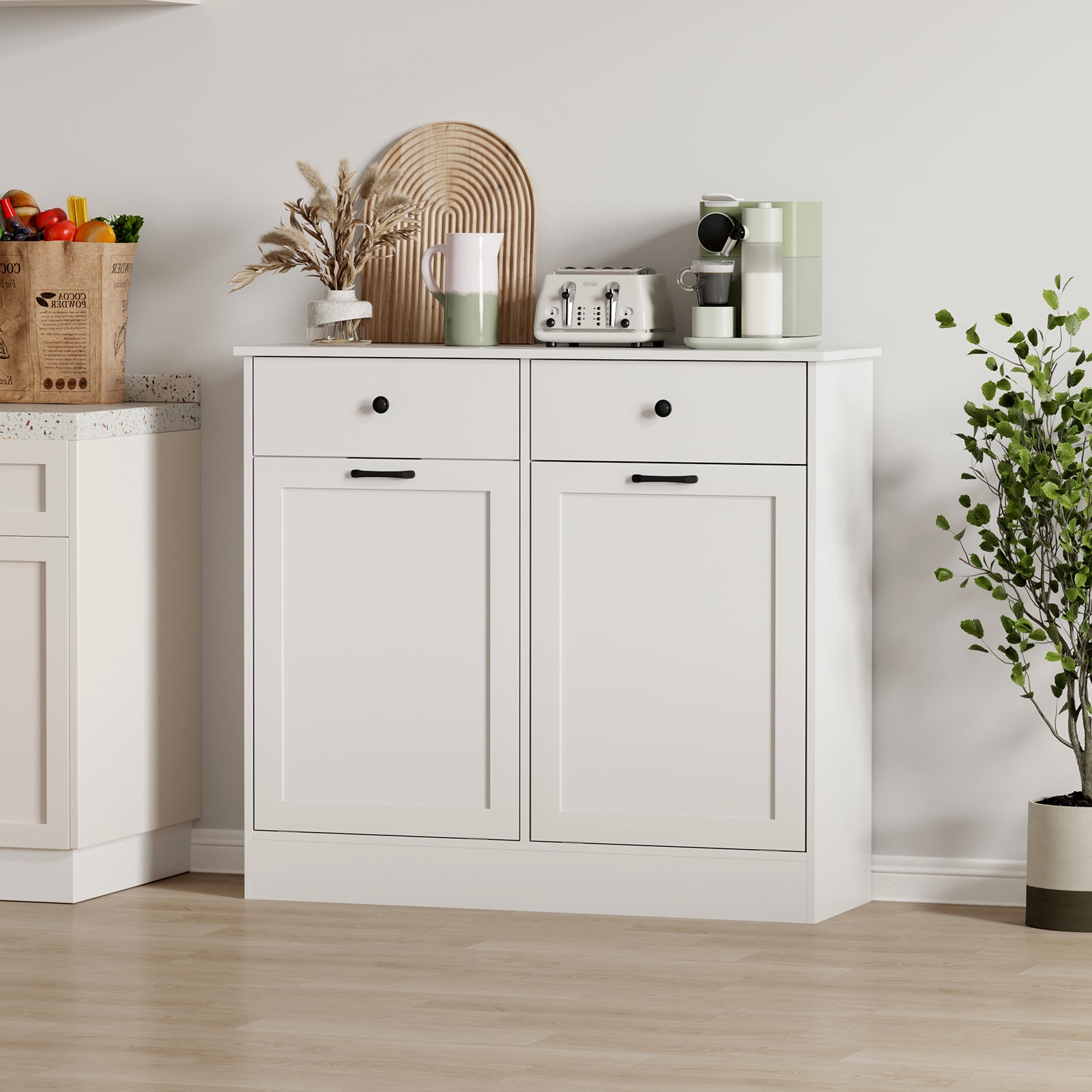 Garvee Double Tilt Out Trash Cabinet with Deodorizing Function, 20 Gallon Wooden Laundry Trash Can Cabinet with 2 Drawers, Farmhouse Hidden Pet Proof Garbage Can for Kitchen, White