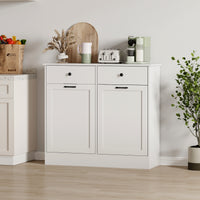 Garvee Double Tilt Out Trash Cabinet with Deodorizing Function, 20 Gallon Wooden Laundry Trash Can Cabinet with 2 Drawers, Farmhouse Hidden Pet Proof Garbage Can for Kitchen, White