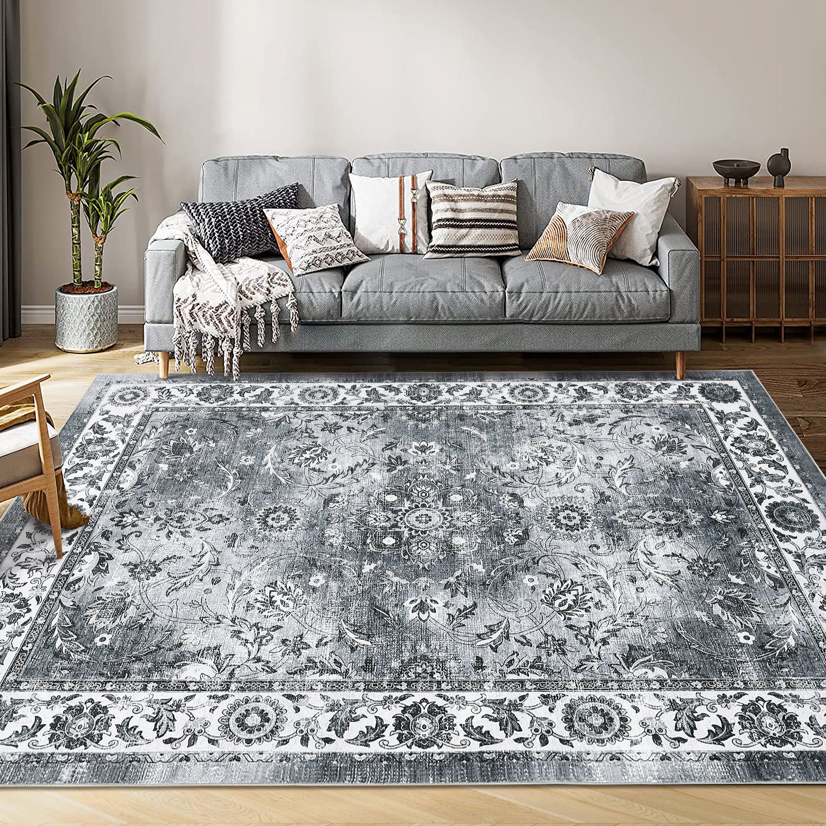 Garvee Washable Area Rug 5x7 Vintage Distressed Rug for Living Room, Non Slip Easy Care Farmhouse Carpet, Stain Resistant Accent Floor Rug for Bedroom Office High Traffic Areas - Gray