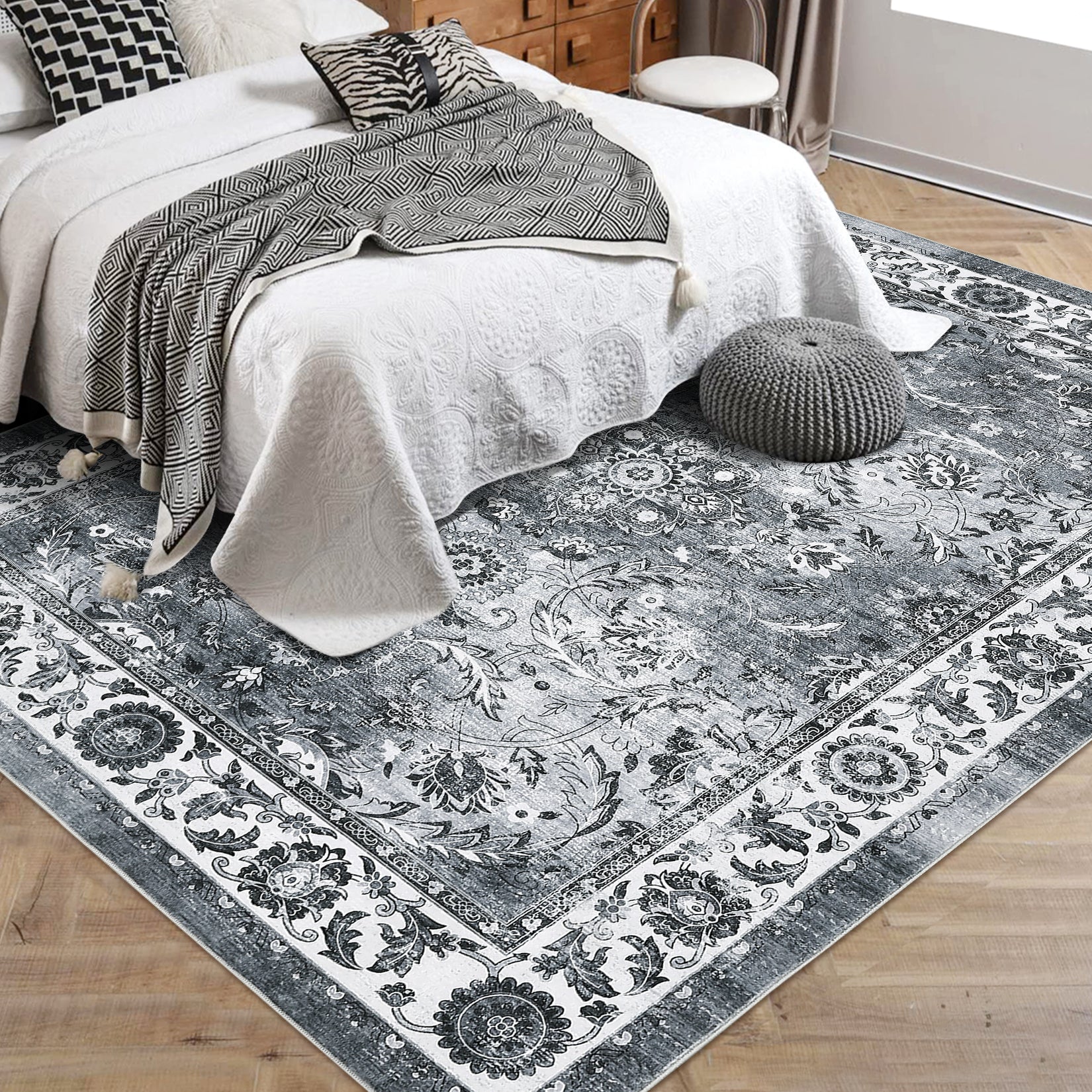 Garvee Washable Area Rug 5x7 Vintage Distressed Rug for Living Room, Non Slip Easy Care Farmhouse Carpet, Stain Resistant Accent Floor Rug for Bedroom Office High Traffic Areas - Gray
