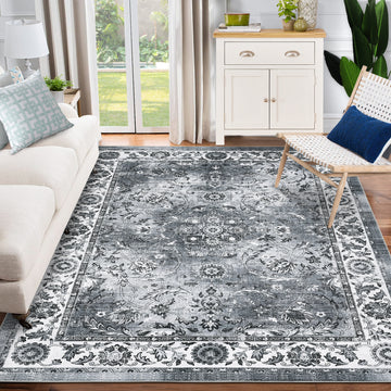 Garvee Washable Area Rug 5x7 Vintage Distressed Rug for Living Room, Non Slip Easy Care Farmhouse Carpet, Stain Resistant Accent Floor Rug for Bedroom Office High Traffic Areas - Gray