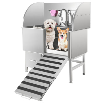 Garvee Professional Dog Grooming Tub, Stainless Steel Dog Wash Station with Foldable Ramp, Storage Drawer, Floor Grate & Faucet/Dog Bathtub for Large, Medium & Small Pets - Right Door (60")