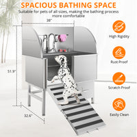 Garvee Professional Dog Grooming Tub, Stainless Steel Dog Wash Station with Foldable Ramp, Storage Drawer, Floor Grate & Faucet/Dog Bathtub for Large, Medium & Small Pets - Left Door (38")