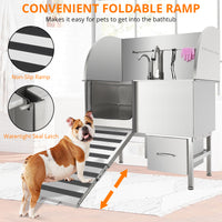 Garvee Professional Dog Grooming Tub, Stainless Steel Dog Wash Station with Foldable Ramp, Storage Drawer, Floor Grate & Faucet/Dog Bathtub for Large, Medium & Small Pets - Left Door (60")