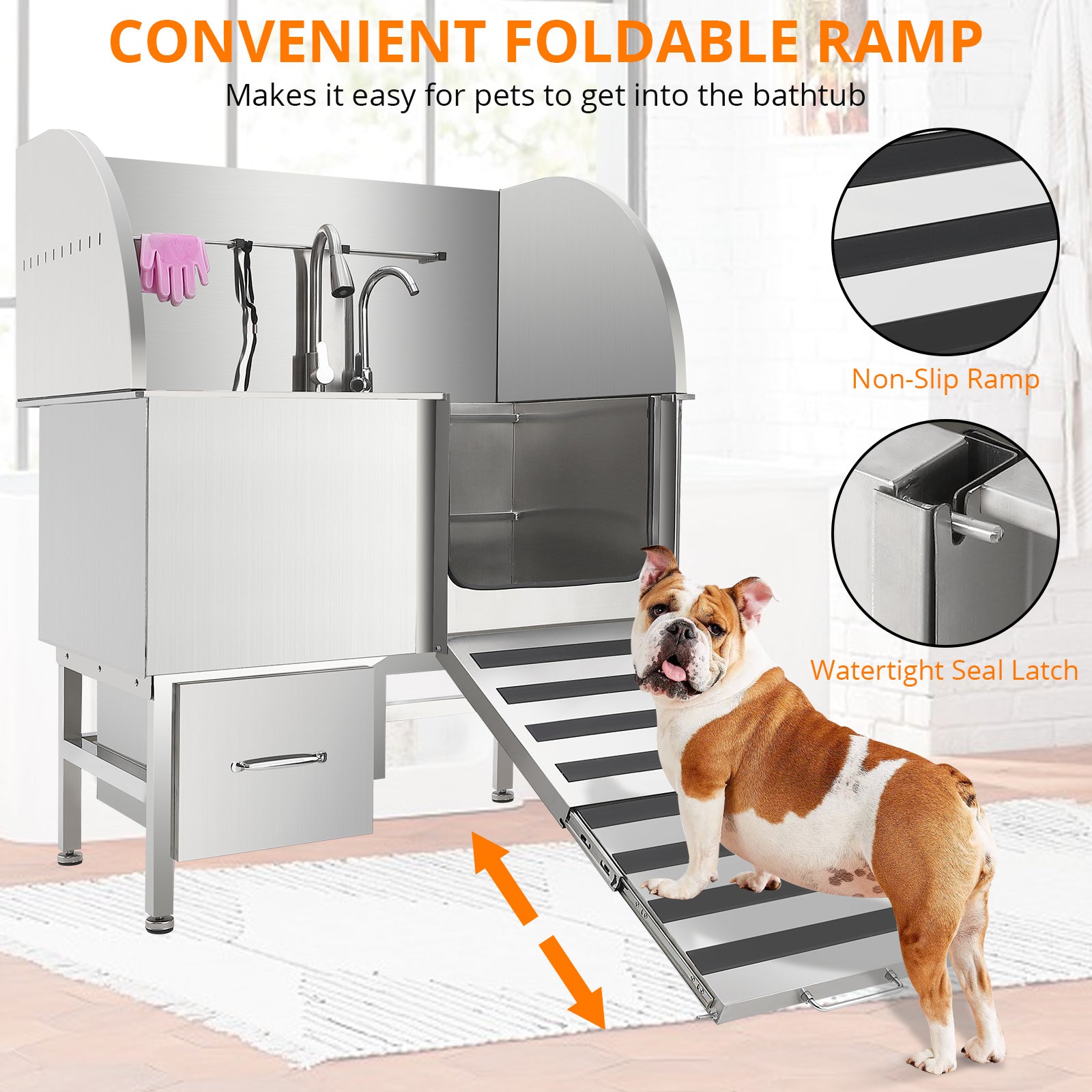 Garvee Professional Dog Grooming Tub, Stainless Steel Dog Wash Station with Foldable Ramp, Storage Drawer, Floor Grate & Faucet/Dog Bathtub for Large, Medium & Small Pets - Right Door (60")