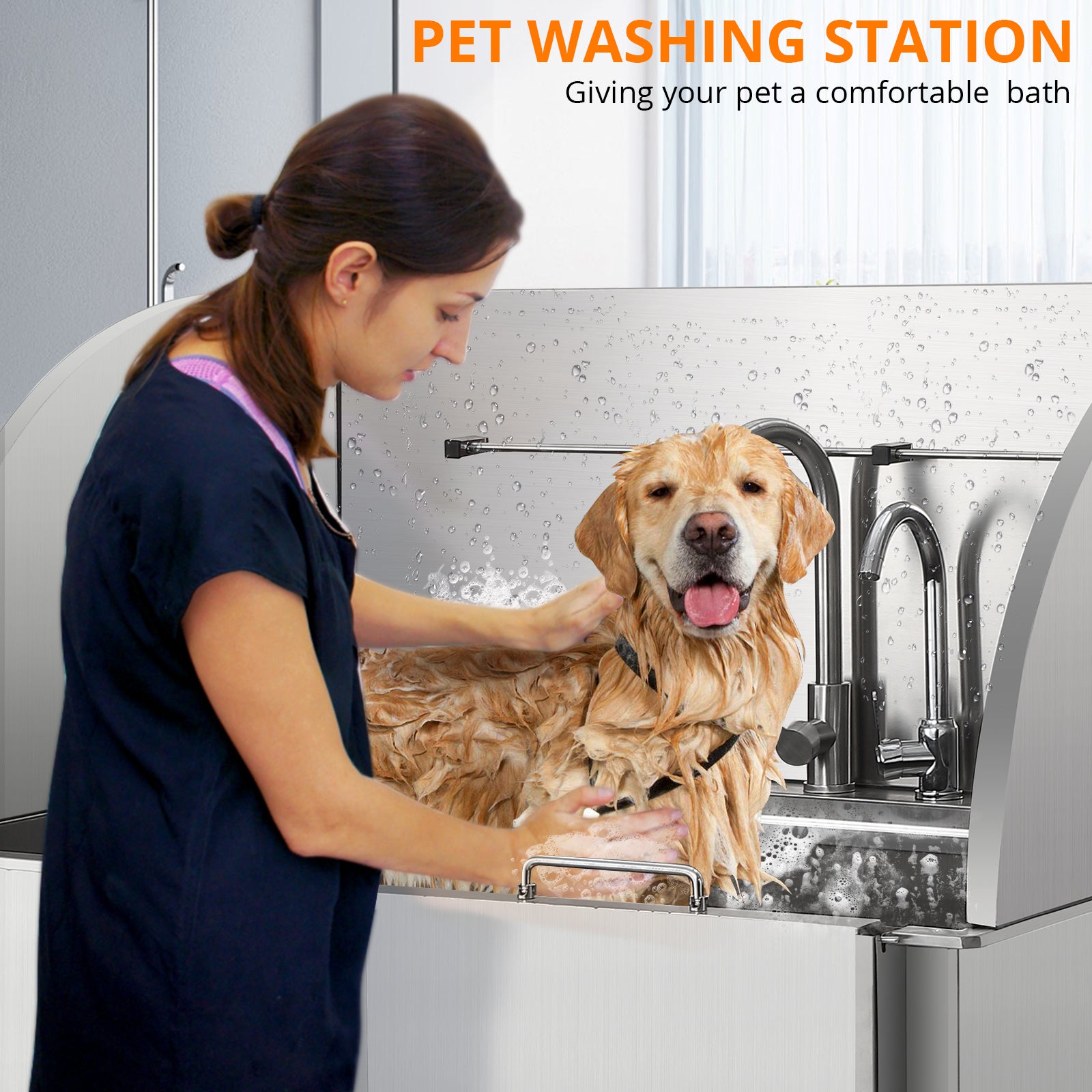 Garvee Professional Dog Grooming Tub, Stainless Steel Dog Wash Station with Foldable Ramp, Storage Drawer, Floor Grate & Faucet/Dog Bathtub for Large, Medium & Small Pets - Right Door (60")