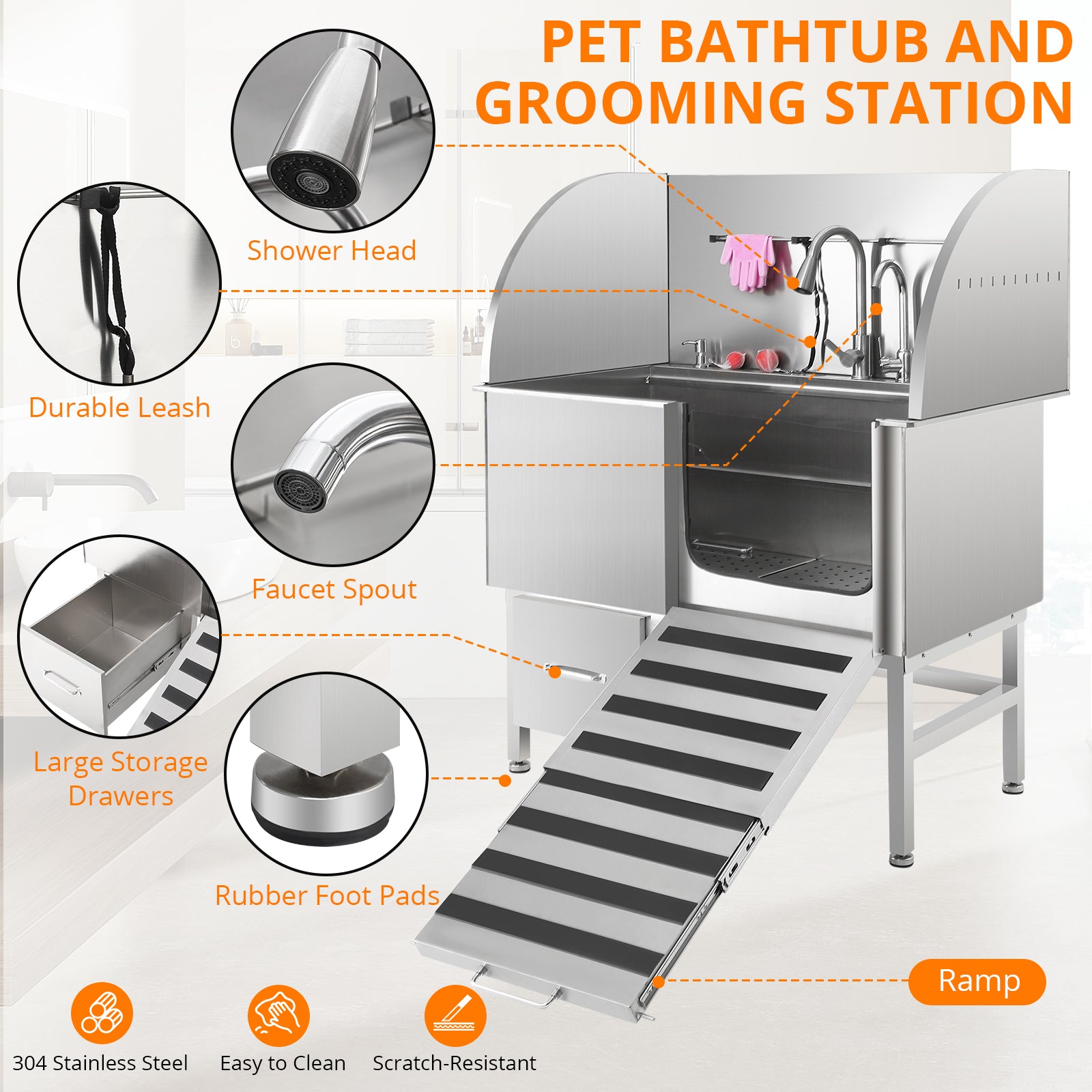Garvee Professional Dog Grooming Tub, Stainless Steel Dog Wash Station with Foldable Ramp, Storage Drawer, Floor Grate & Faucet/Dog Bathtub for Large, Medium & Small Pets - Right Door (60")