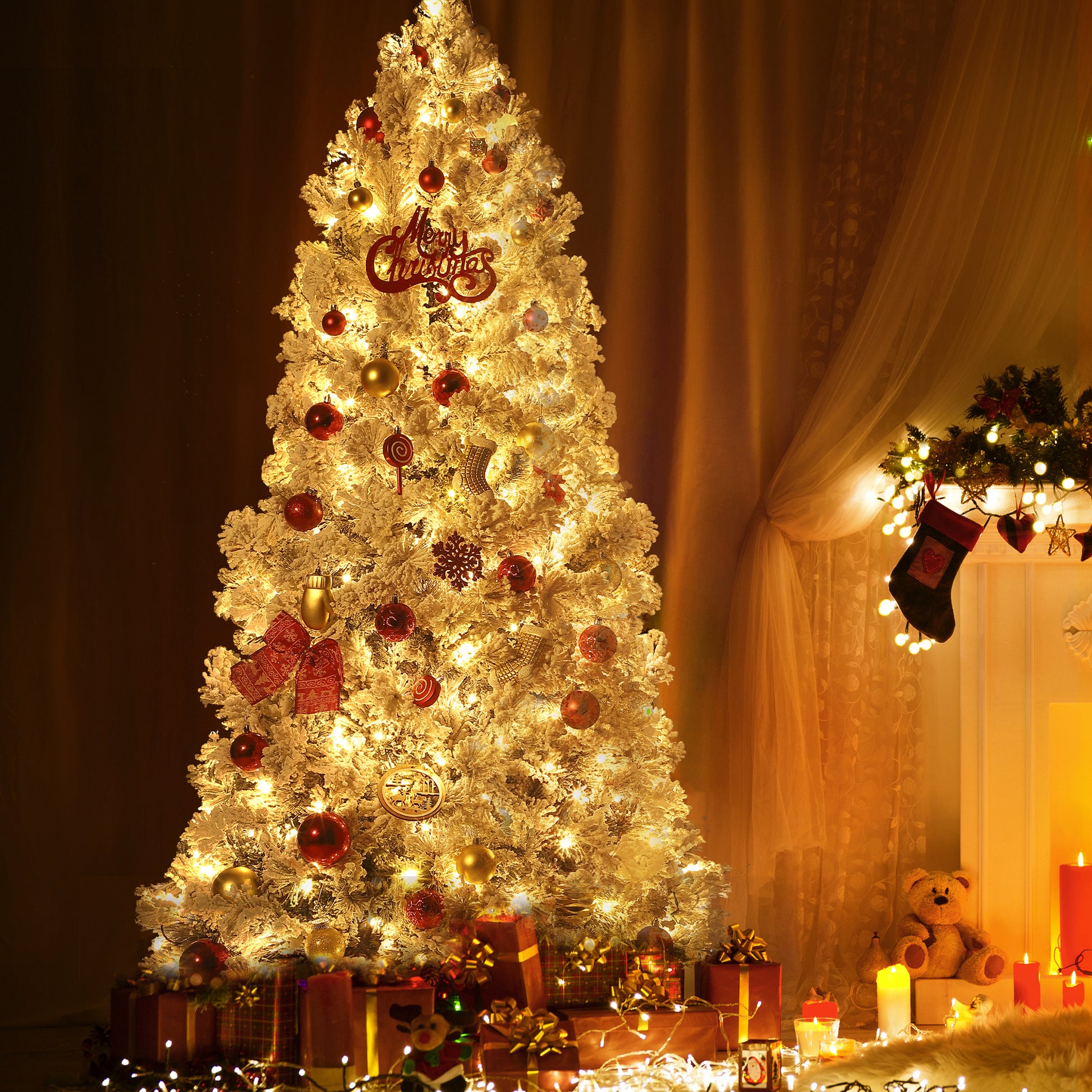 Garvee 6ft Christmas Tree, Pre-Lit Snow Flocked Xmas Tree with Foldable Metal Base, 250 Multicolor LED Lights, 8 Lighting Modes, Artificial Christmas Tree for Home, Holiday Decoration