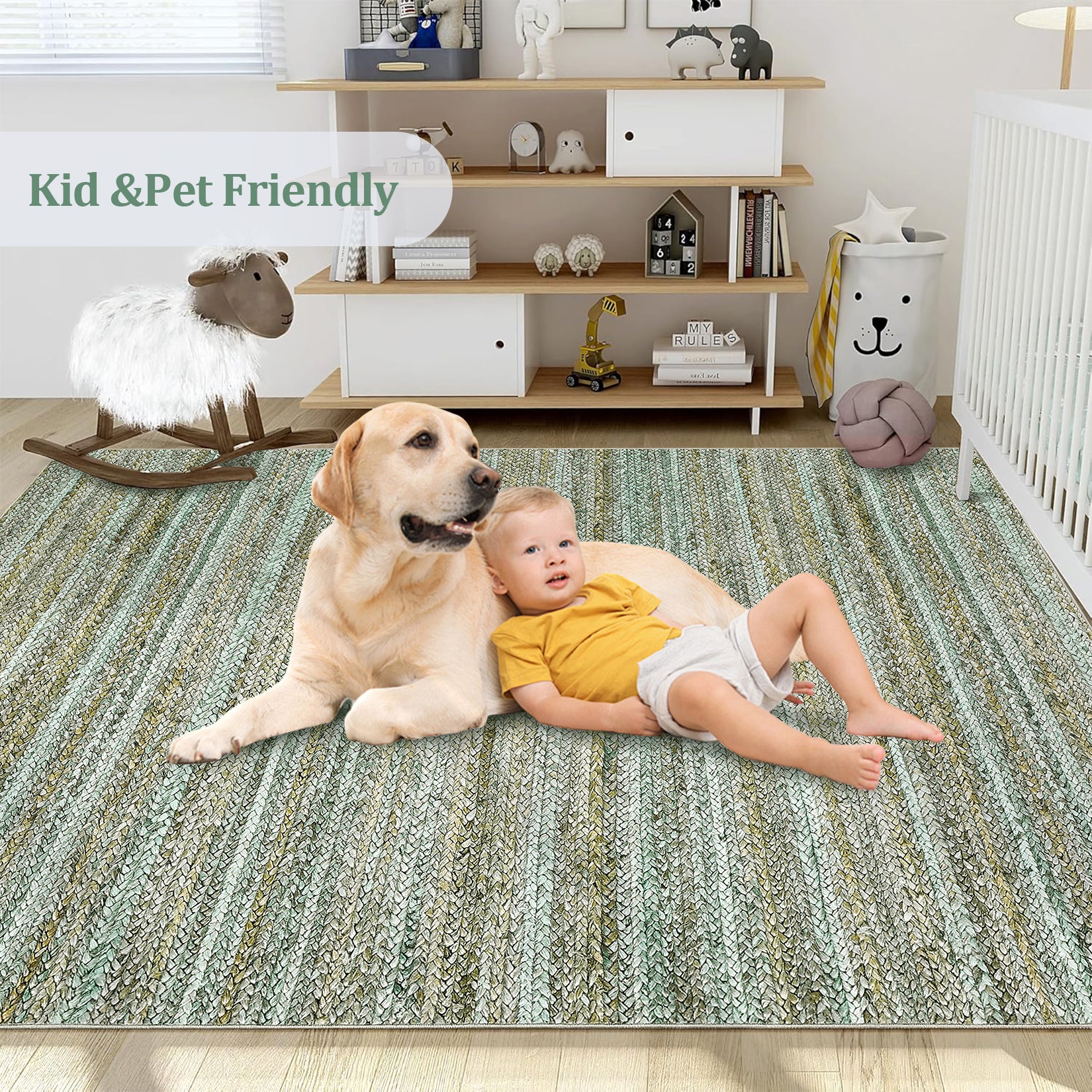 Garvee Modern Green Camel 2x6 Area Rug Washable Runner Rug, Non Slip Kitchen Runner Rug Low Pile Bath Rug Green Rug Non Shedding Hallway Rug Contemporary Accent Rug Braided Print Rug