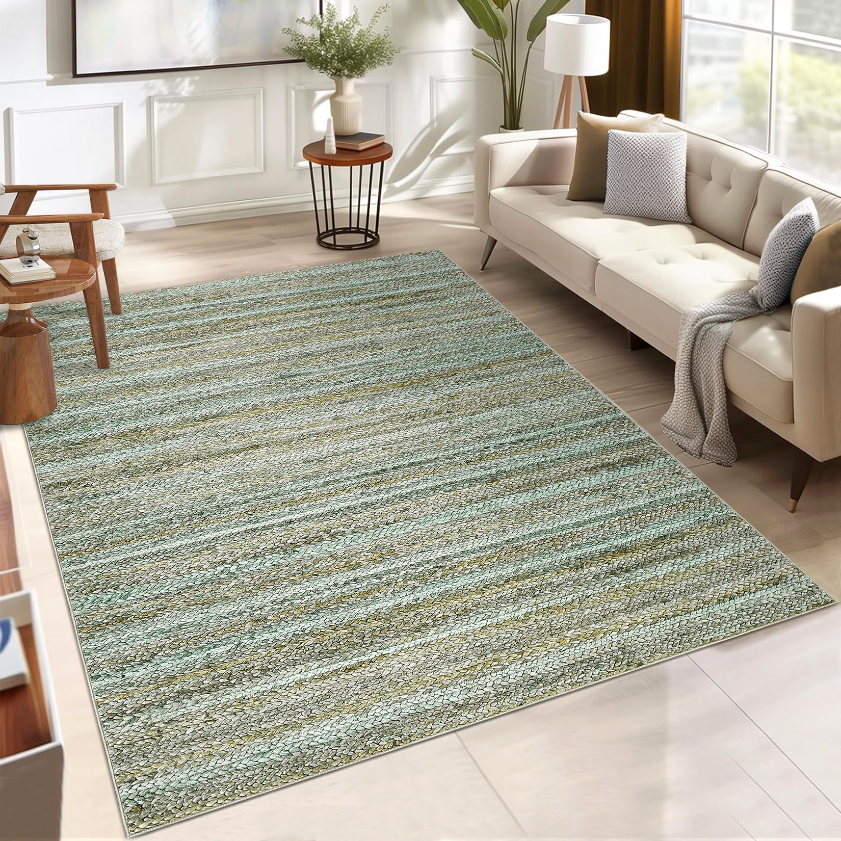 Garvee Modern Green Camel 10x13 Rug Washable Large Area Rug Living Room Rug Non-Slip Soft Bedroom Rug Modern Striped Woven Printed Rug Low Pile Modern Rug Non Shedding Netural Rug Colorful Rug