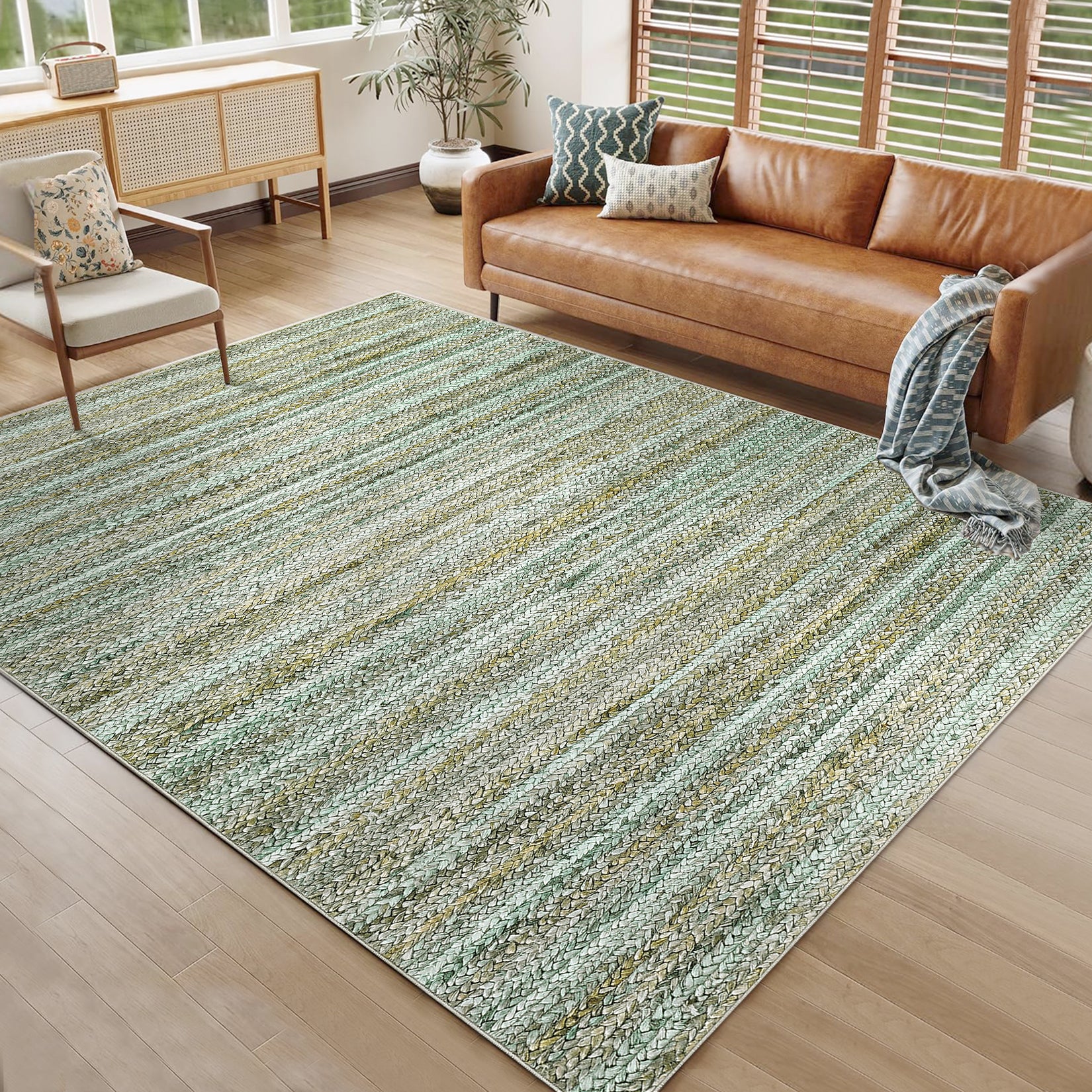 Garvee Modern Green Camel 5x7 Washable Area Rug for Bedroom Living Room Cream Rug Modern Indoor Accent Rug Low Pile Dining Room Rug Non Slip Kitchen Rug Contemporary Woven Printed Rug Foldable Rug