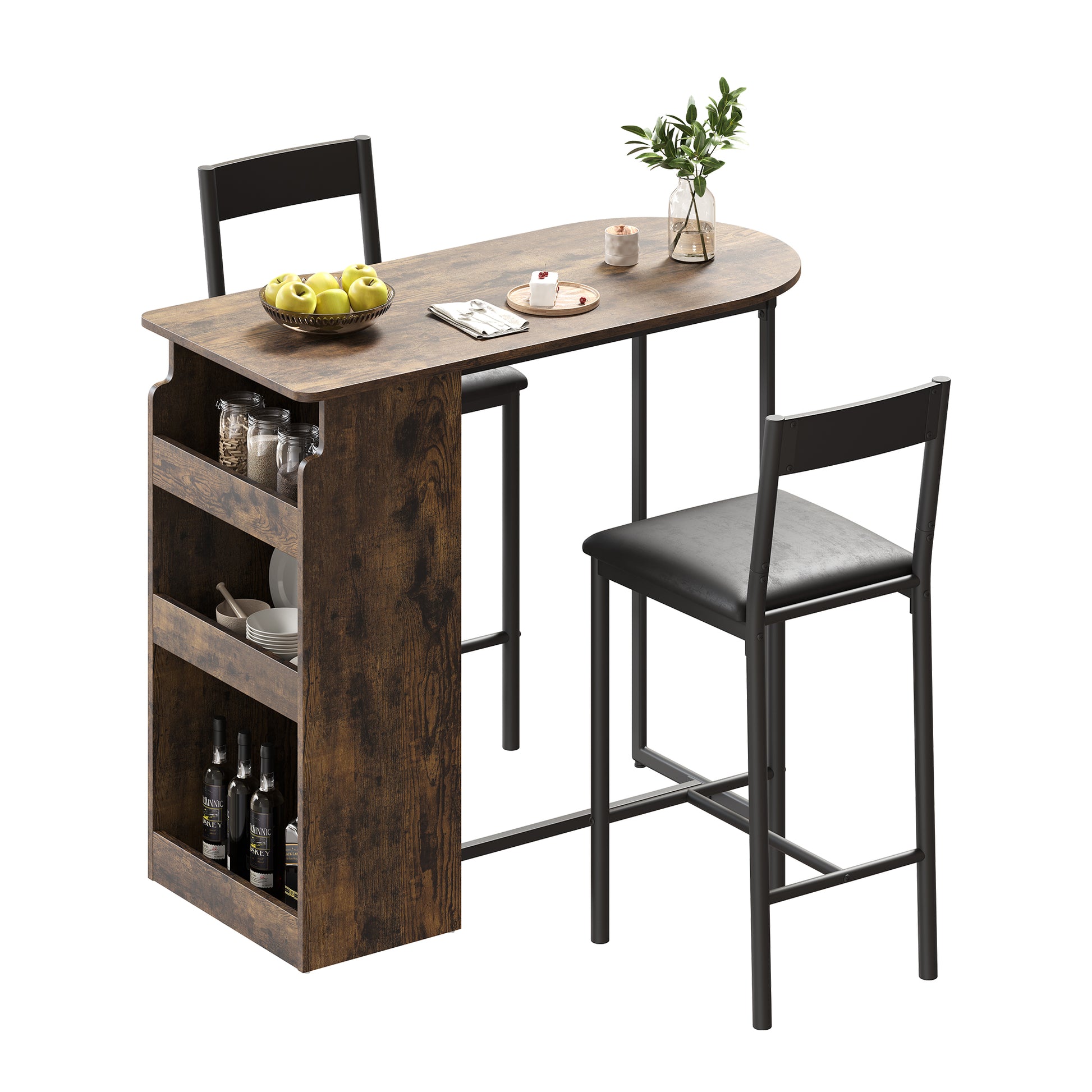 Garvee Bar Table and Chairs Set, Pub Table and Chairs Set for 2, 3 Piece Table Set with Three Tier Storage Shelf for Living Room,Dining Room,Small Apt, Brown