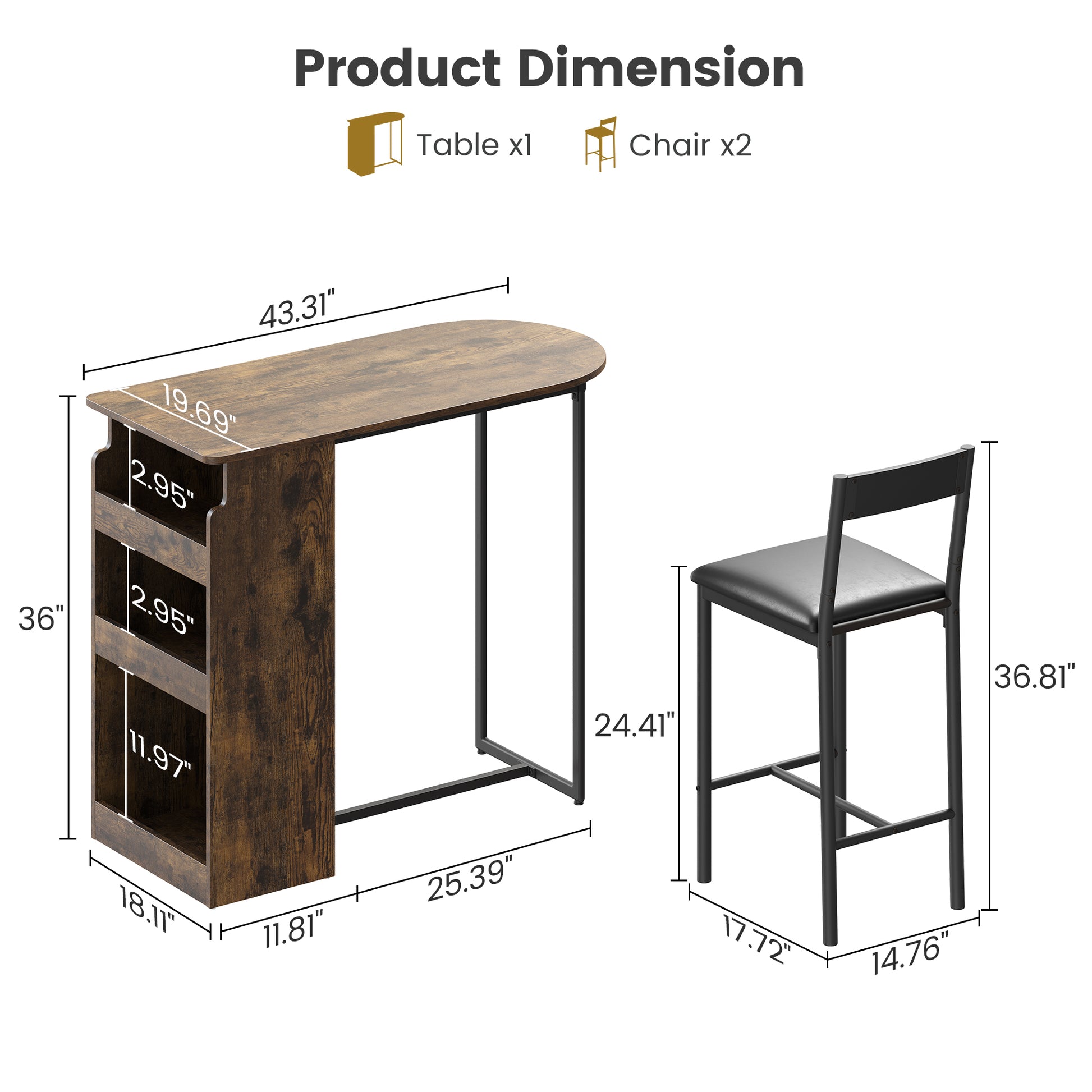 Garvee Bar Table and Chairs Set, Pub Table and Chairs Set for 2, 3 Piece Table Set with Three Tier Storage Shelf for Living Room,Dining Room,Small Apt, Brown