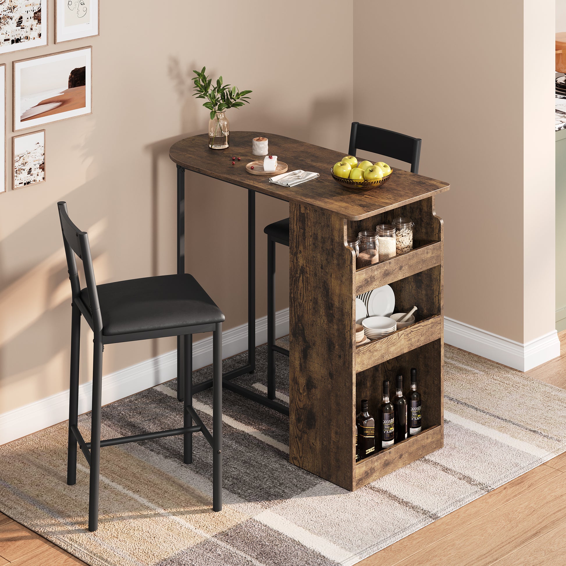 Garvee Bar Table and Chairs Set, Pub Table and Chairs Set for 2, 3 Piece Table Set with Three Tier Storage Shelf for Living Room,Dining Room,Small Apt, Brown